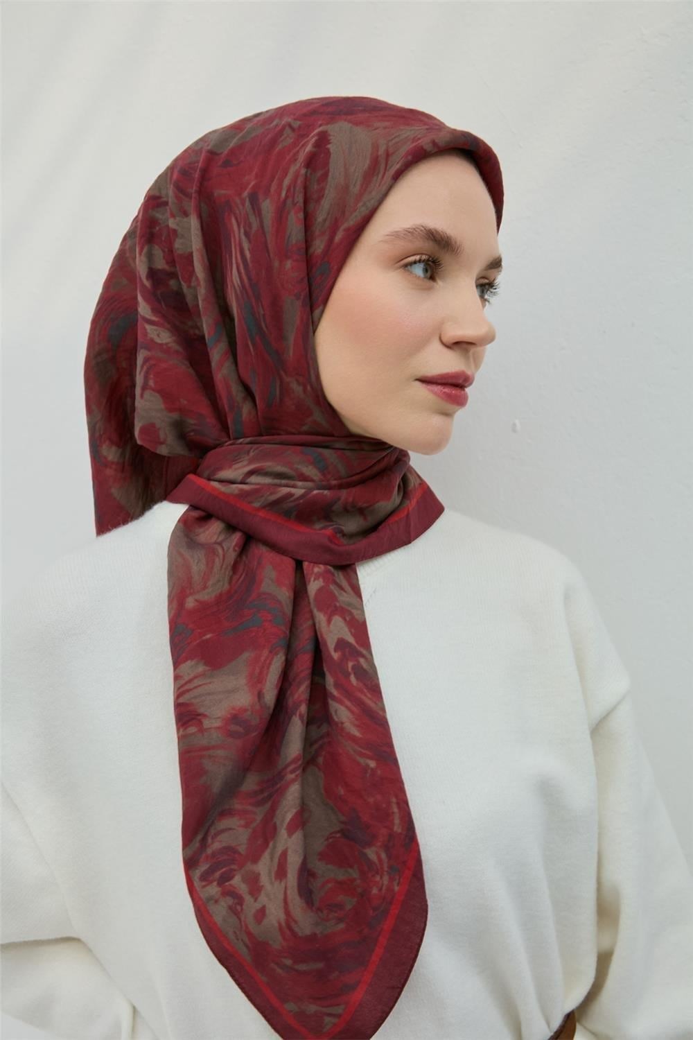 Viskon Velora Eşarp Vişne Çürüğü Bordo Gri Hafif Dökümlü 90x90