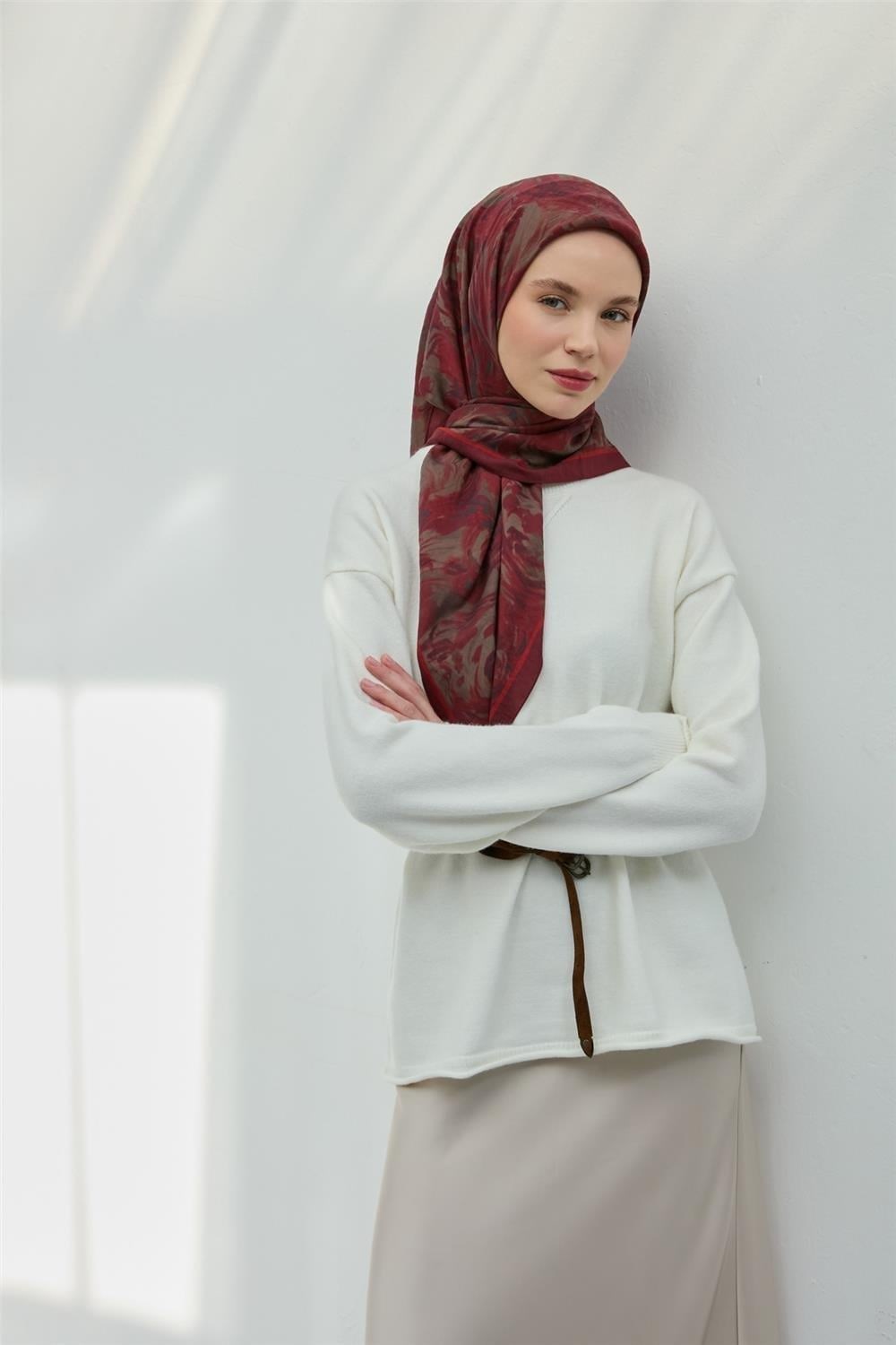 Viskon Velora Eşarp Vişne Çürüğü Bordo Gri Hafif Dökümlü 90x90
