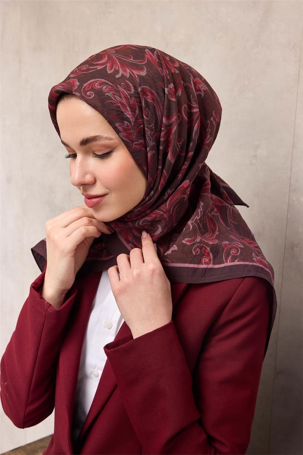 Viskon Velora Eşarp Vişne Moru Tonlu Barok Floral Desenli Tok Duruşlu 90x90
