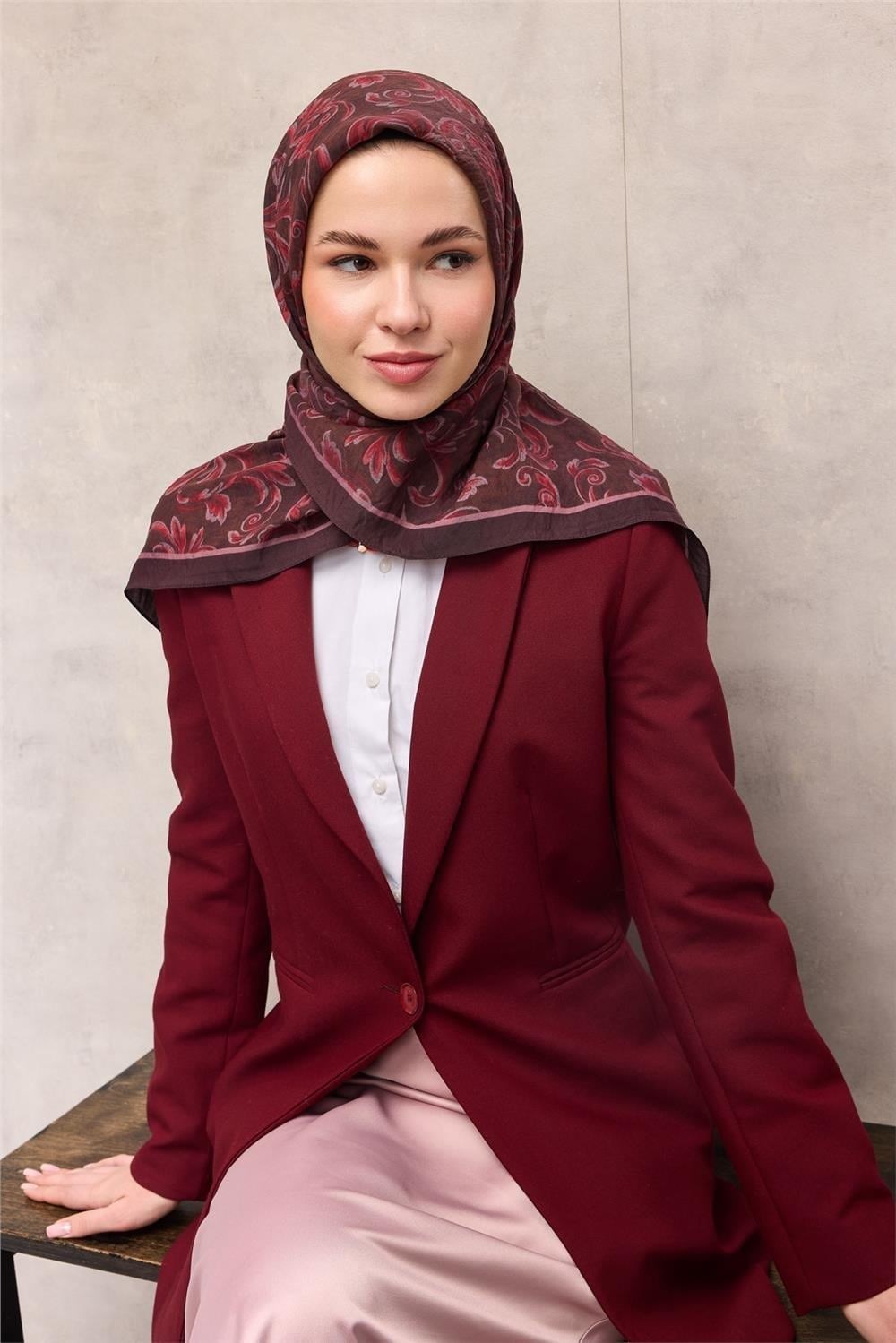 Viskon Velora Eşarp Vişne Moru Tonlu Barok Floral Desenli Tok Duruşlu 90x90