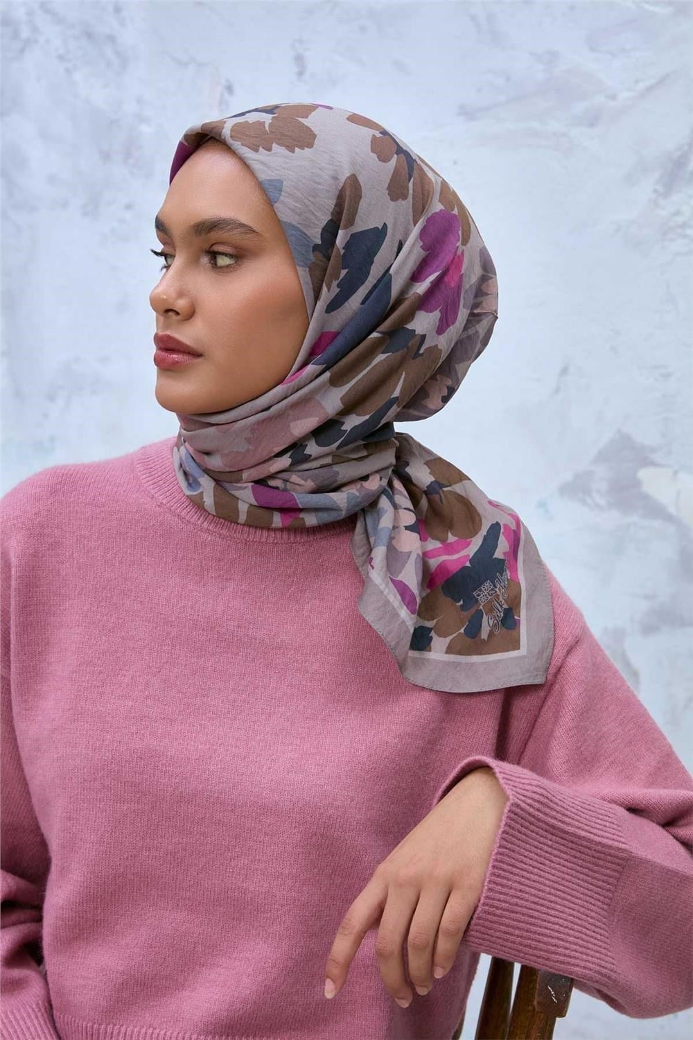 Viskon Velora Karışımlı Eşarp Kum Beji-Bej Pembe Tonlu Desenli Tok Duruşlu 90x90