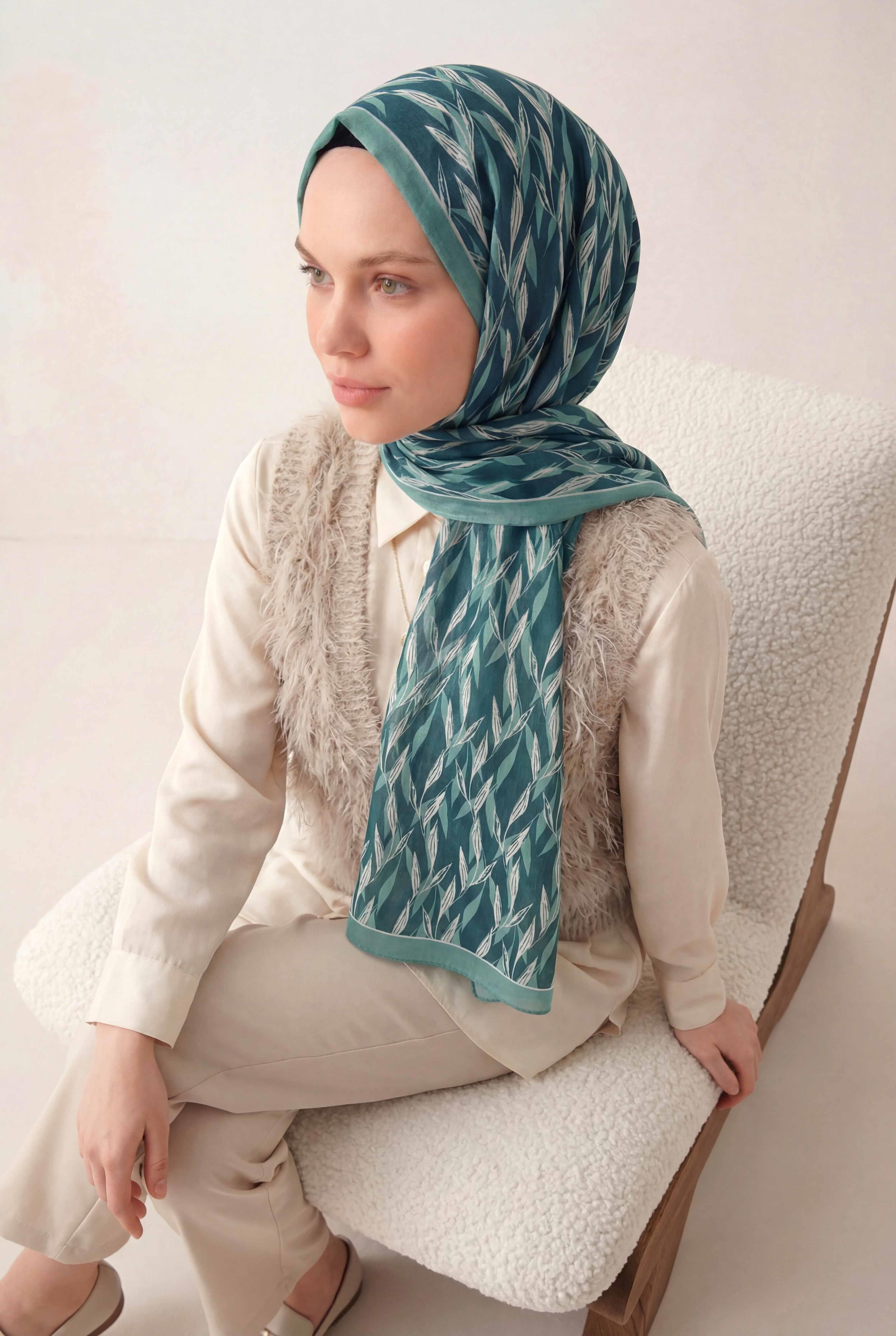 Yaprak Desen Petrol Yeşili 75X195 Soft Şal