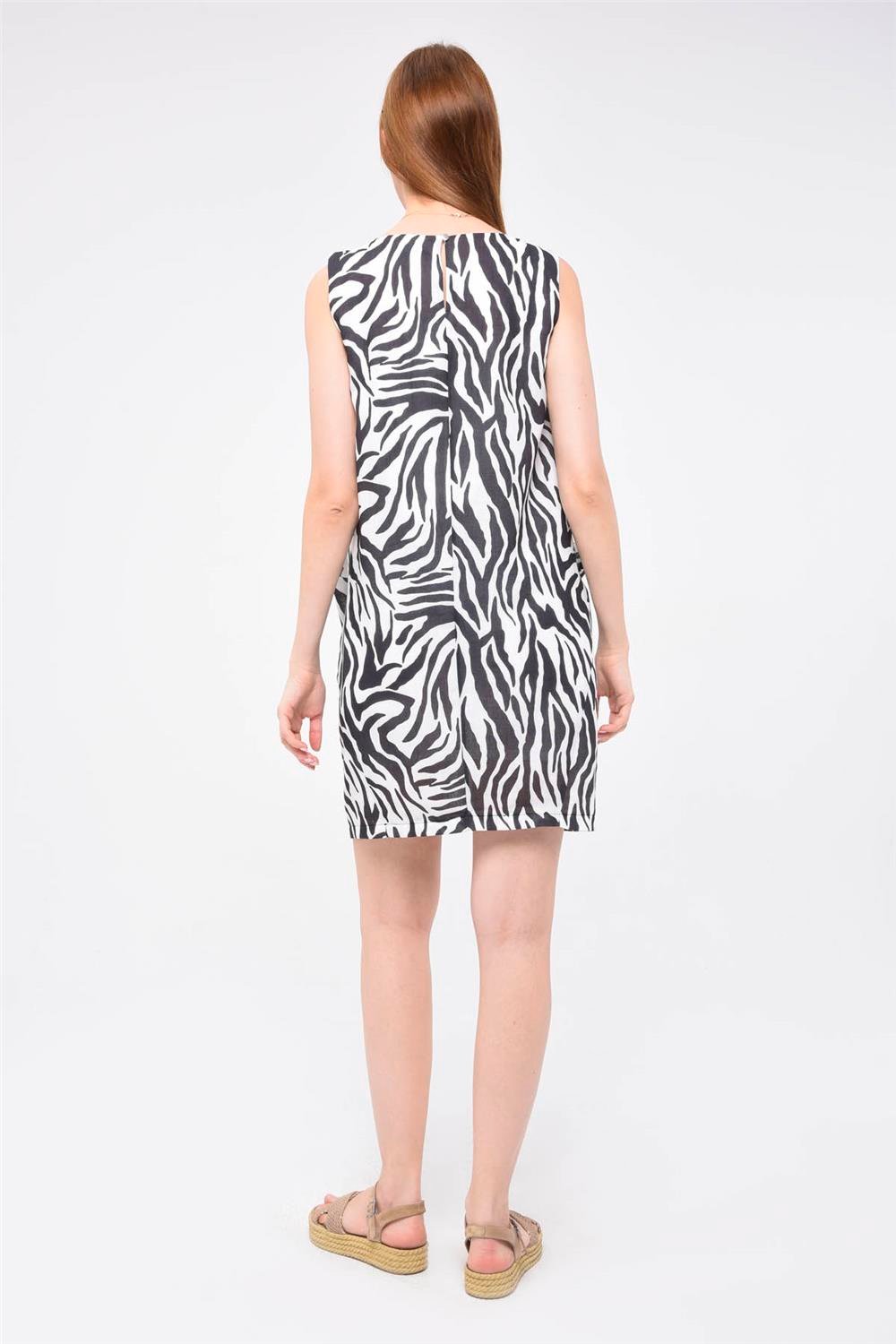 Kalın Askı Düz Zebra Desenli Elbise