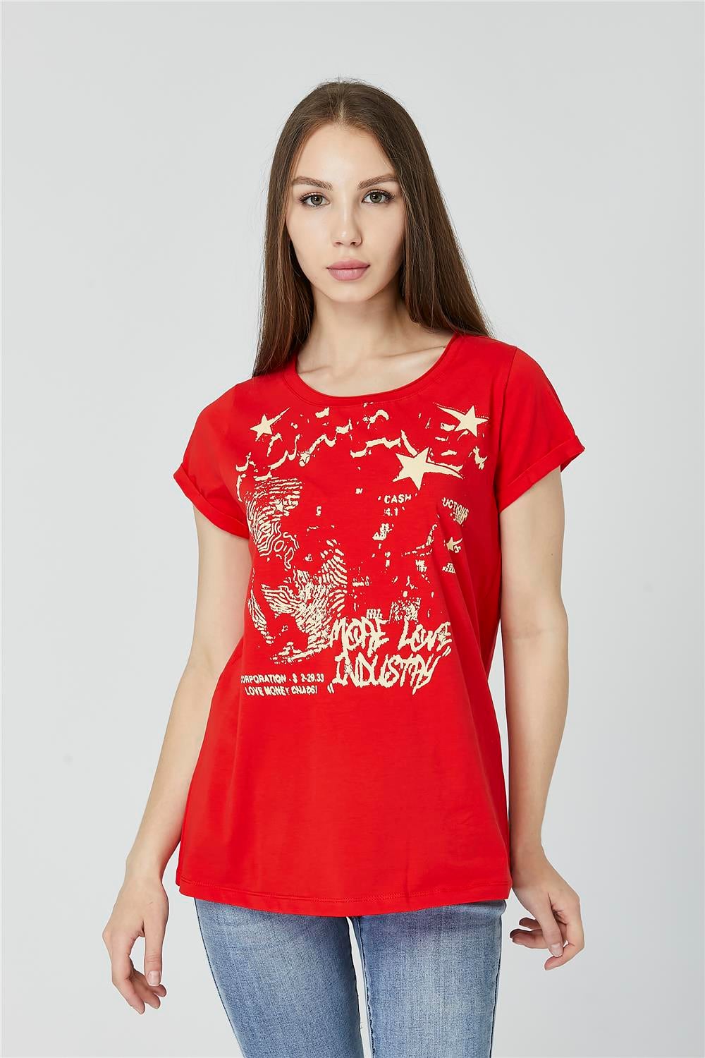 Kıvrık Yaka Yıldız Baskılı Tshirt