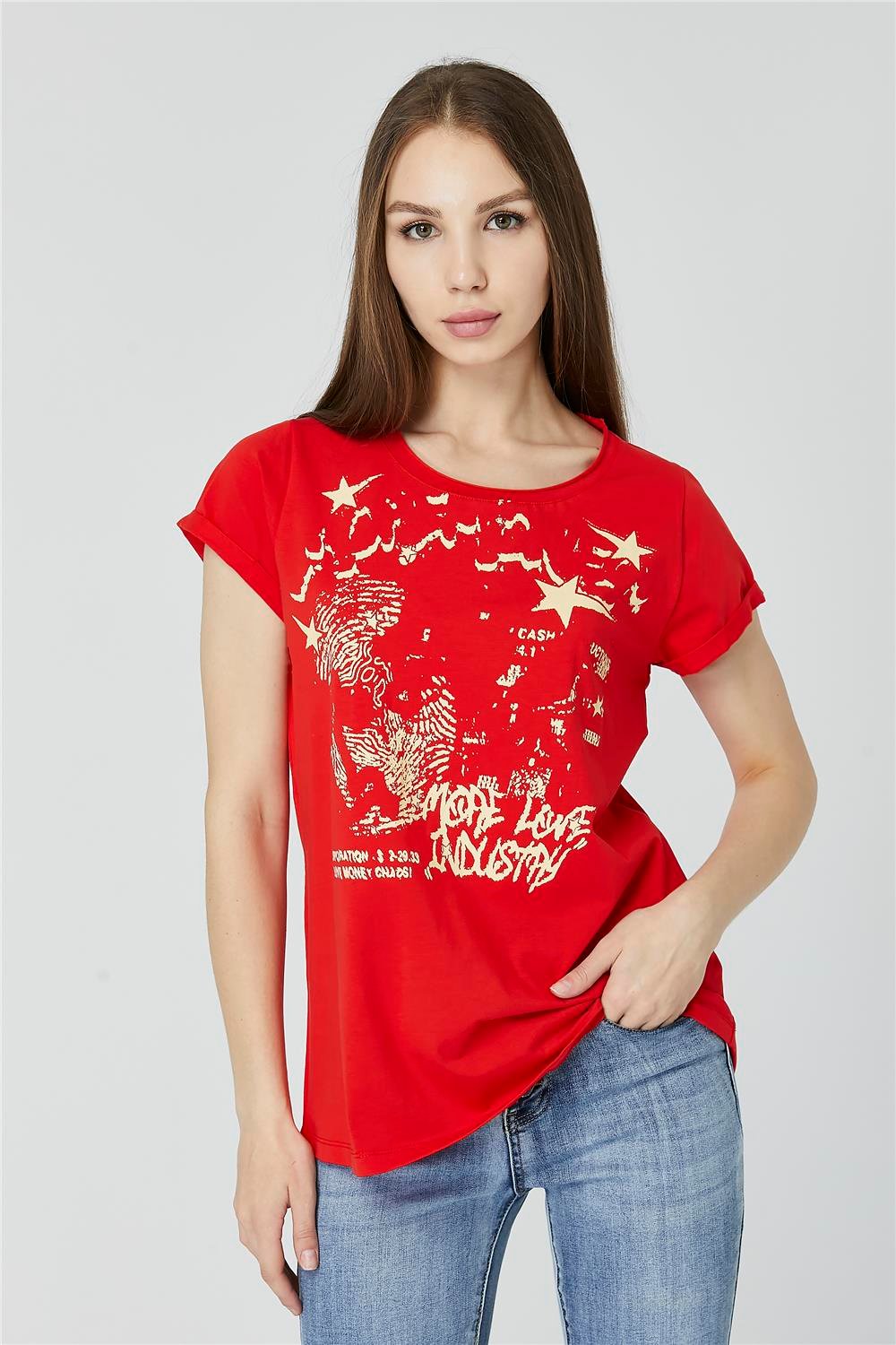Kıvrık Yaka Yıldız Baskılı Tshirt