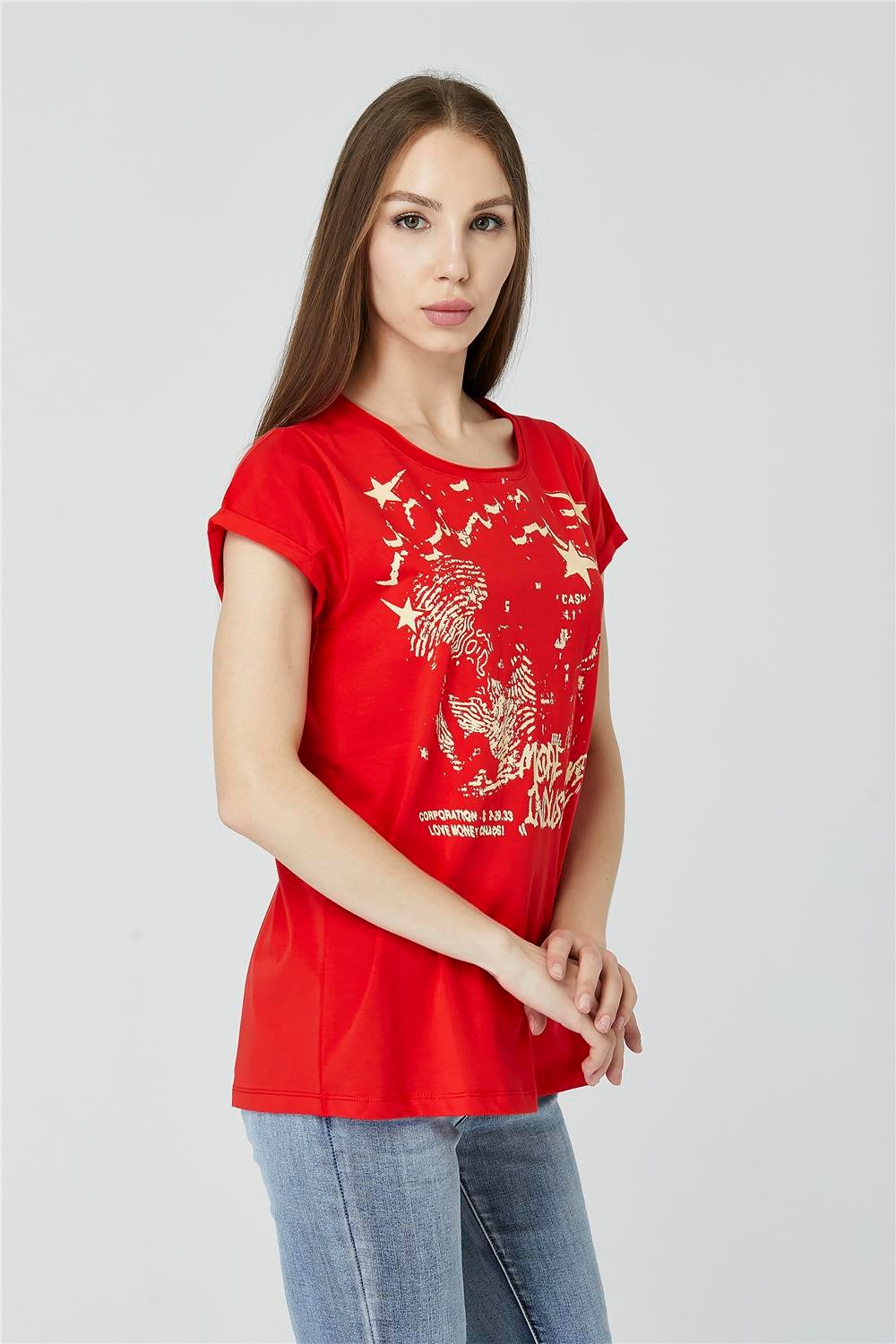 Kıvrık Yaka Yıldız Baskılı Tshirt