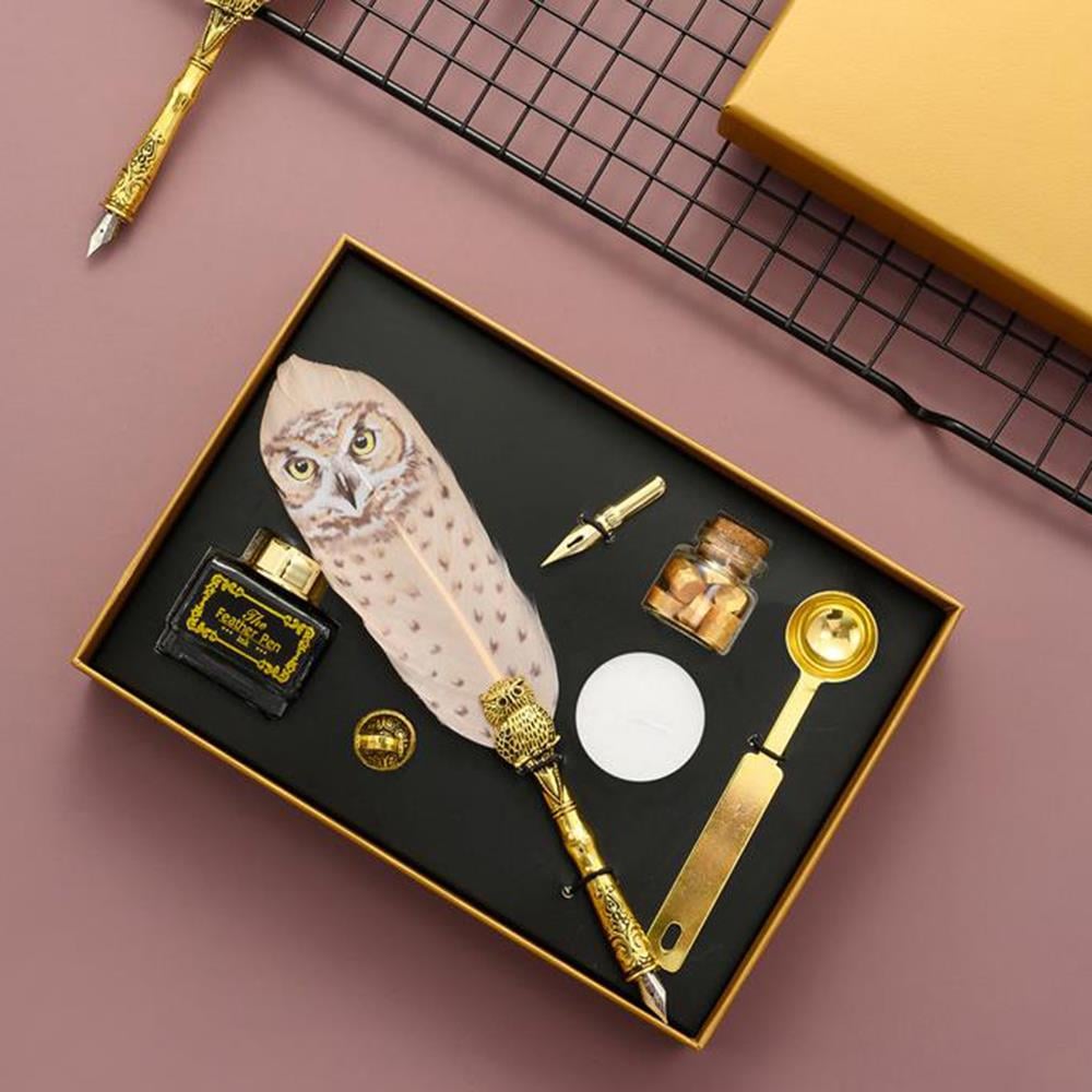 Baykuş Desen Tüy Divit Kalem Mürekkep Mühür Kaşık Uç Wax 7li Set