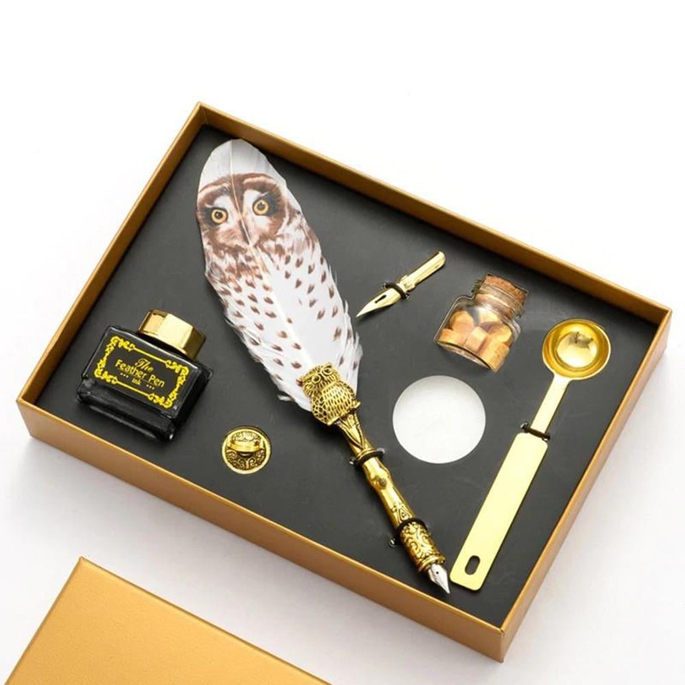 Baykuş Desen Tüy Divit Kalem Mürekkep Mühür Kaşık Uç Wax 7li Set