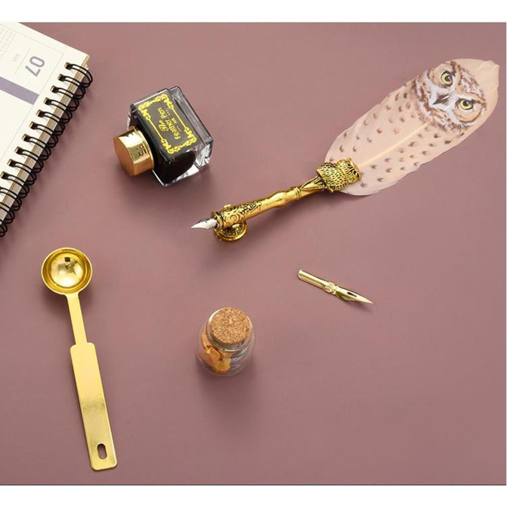 Baykuş Desen Tüy Divit Kalem Mürekkep Mühür Kaşık Uç Wax 7li Set