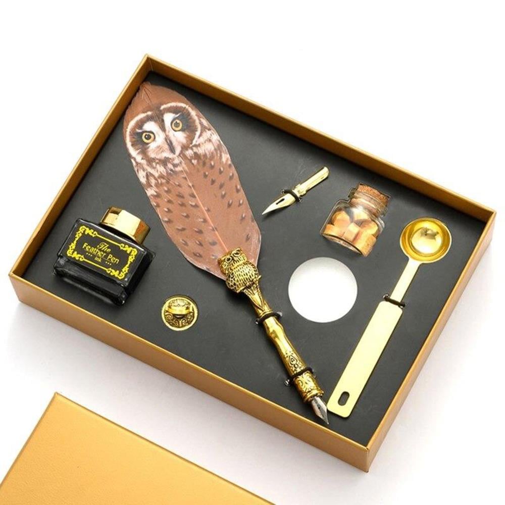 Baykuş Desen Tüy Divit Kalem Mürekkep Mühür Kaşık Uç Wax 7li Set