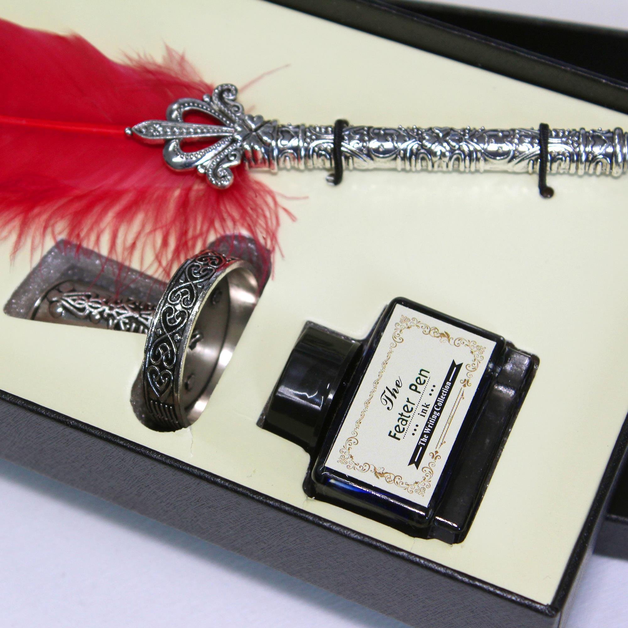 Beyaz ve Kırmızı Tüy Divit Antik Kaligrafi Kalem Mürekkep Seti ve 5 Farklı Uç RM2101