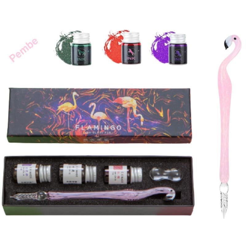 Cam Kaligrafi Flamingo Kalem 3 Renk Mürekkep Cam Stand 5 li Set