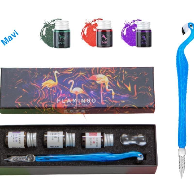 Cam Kaligrafi Flamingo Kalem 3 Renk Mürekkep Cam Stand 5 li Set