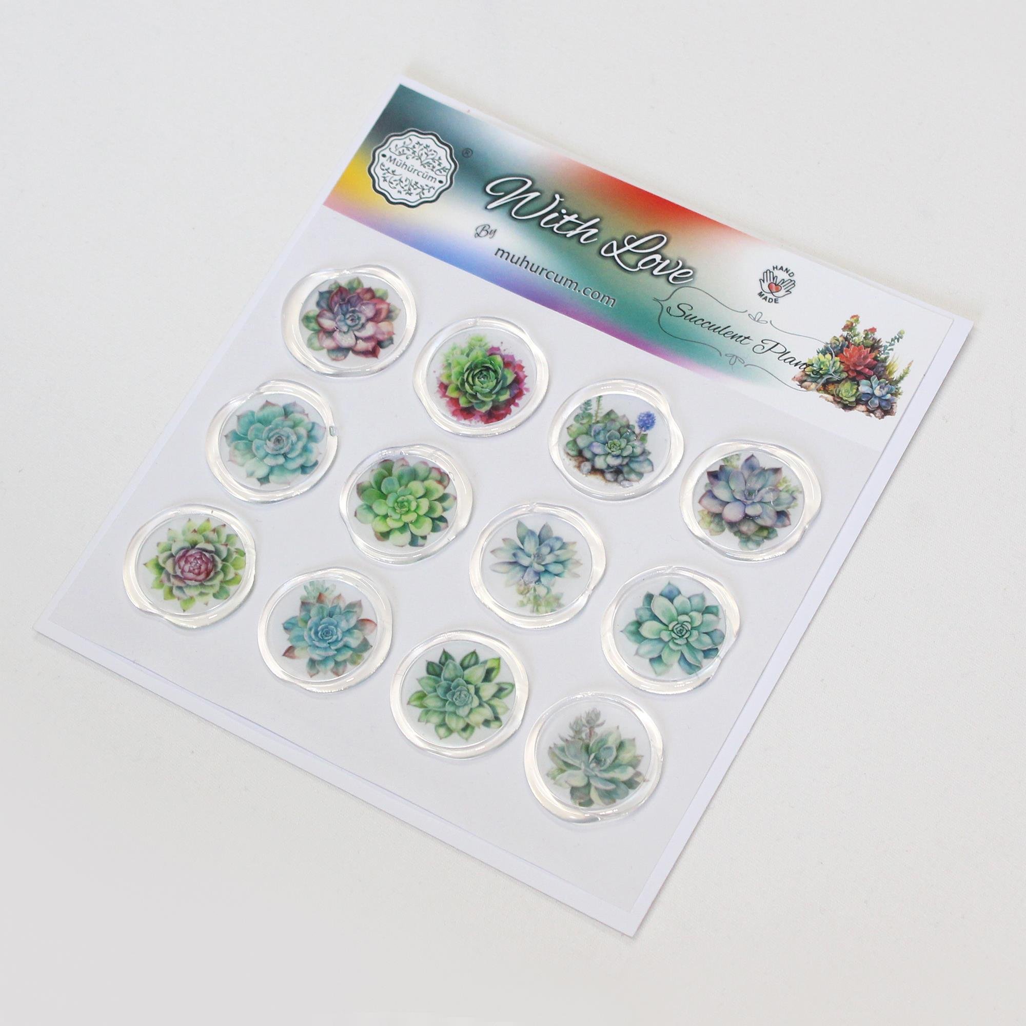 Mühürcüm 12 Adet Hazır Kendinden Yapışkanlı Sukulent Bitki Sticker Mühür KYSM109