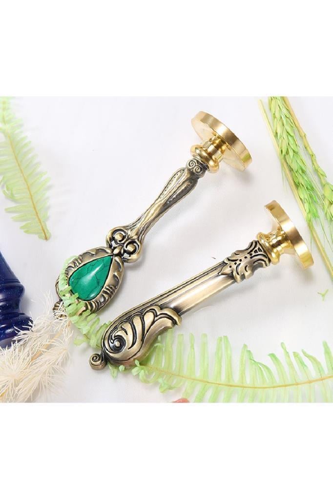 Mühürcüm Kraliyet Yeşil Taşlı Döküm Metal Mum Mühürü Sapı Bronz Renk 