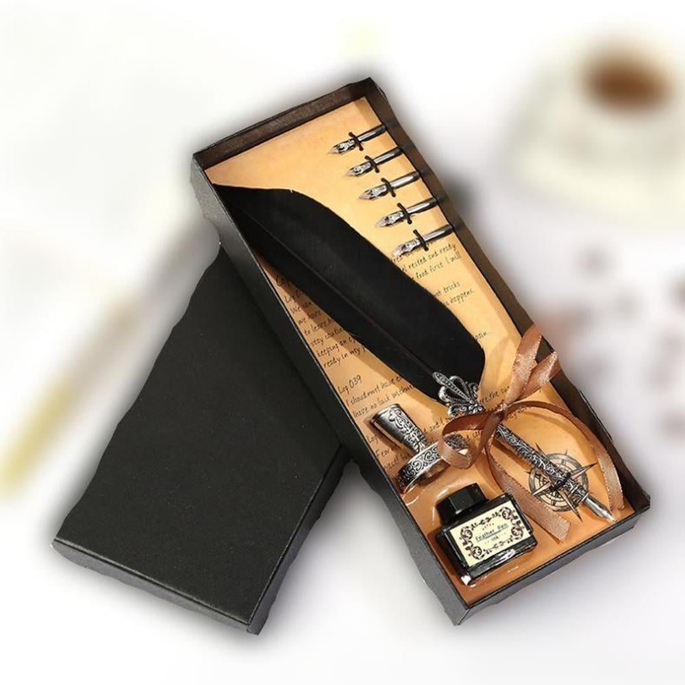 Tüy Divit Antik Kaligrafi Kalem Mürekkep Seti ve 5 Farklı Uç 27 cm