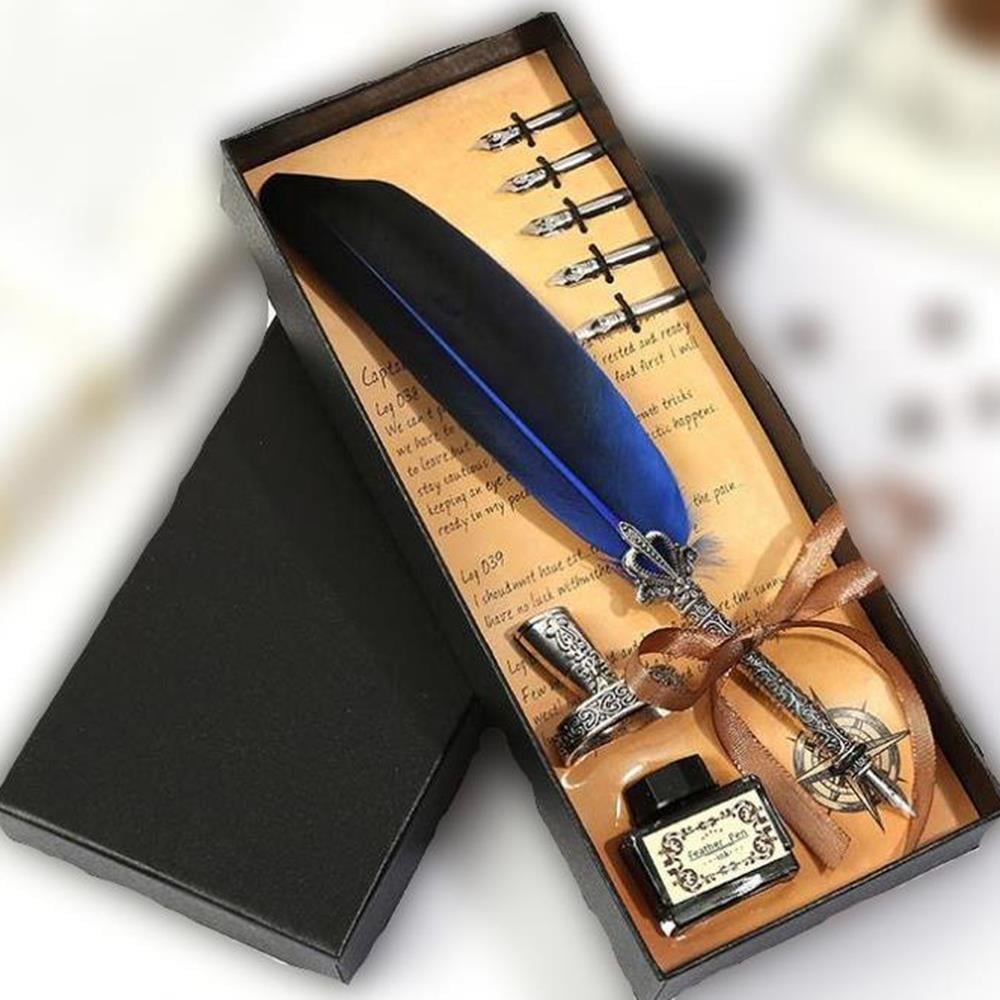 Tüy Divit Antik Kaligrafi Kalem Mürekkep Seti ve 5 Farklı Uç 27 cm