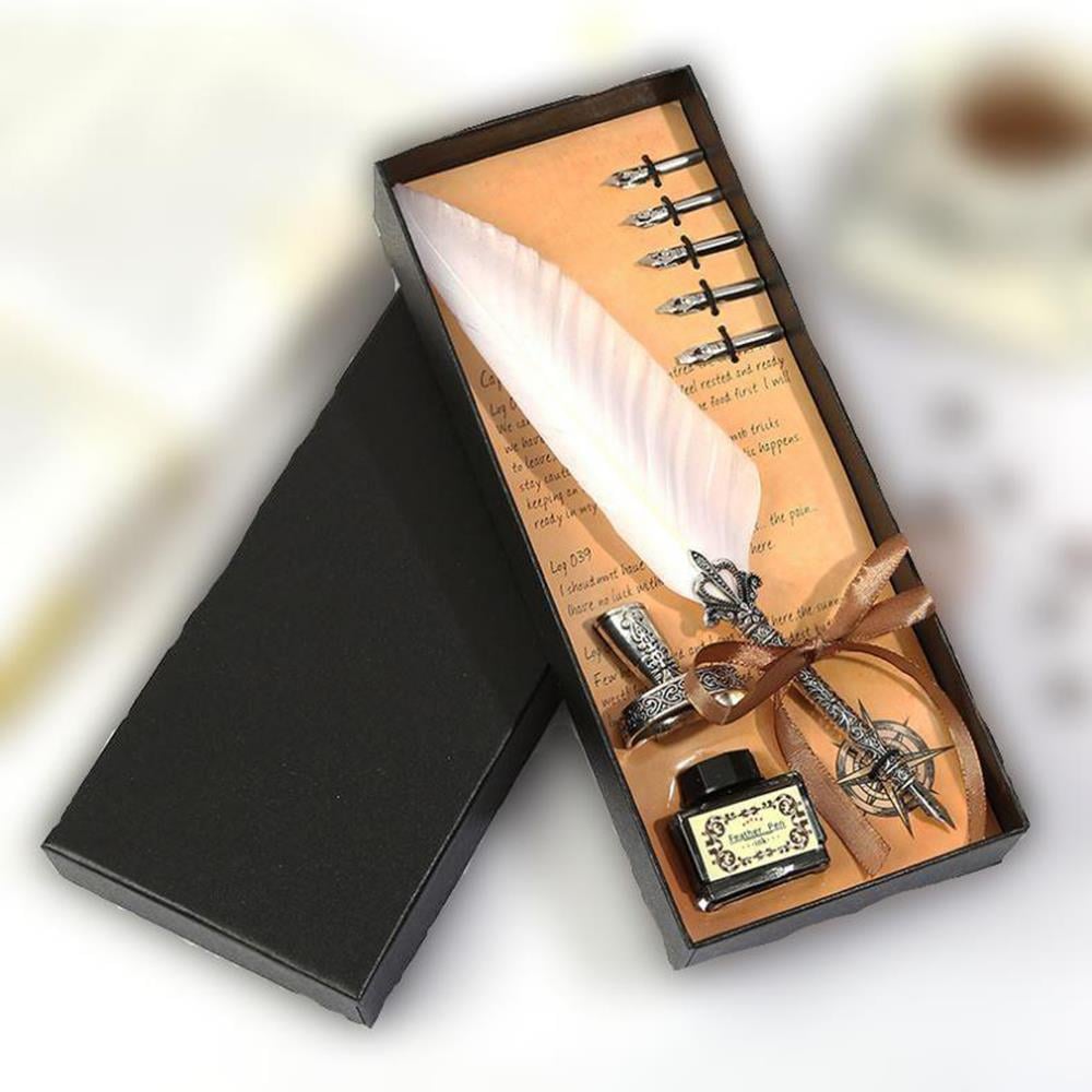 Tüy Divit Antik Kaligrafi Kalem Mürekkep Seti ve 5 Farklı Uç 27 cm