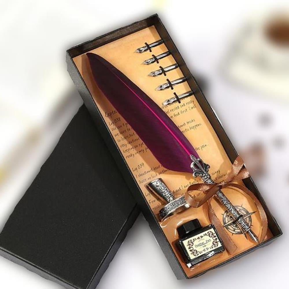 Tüy Divit Antik Kaligrafi Kalem Mürekkep Seti ve 5 Farklı Uç 27 cm