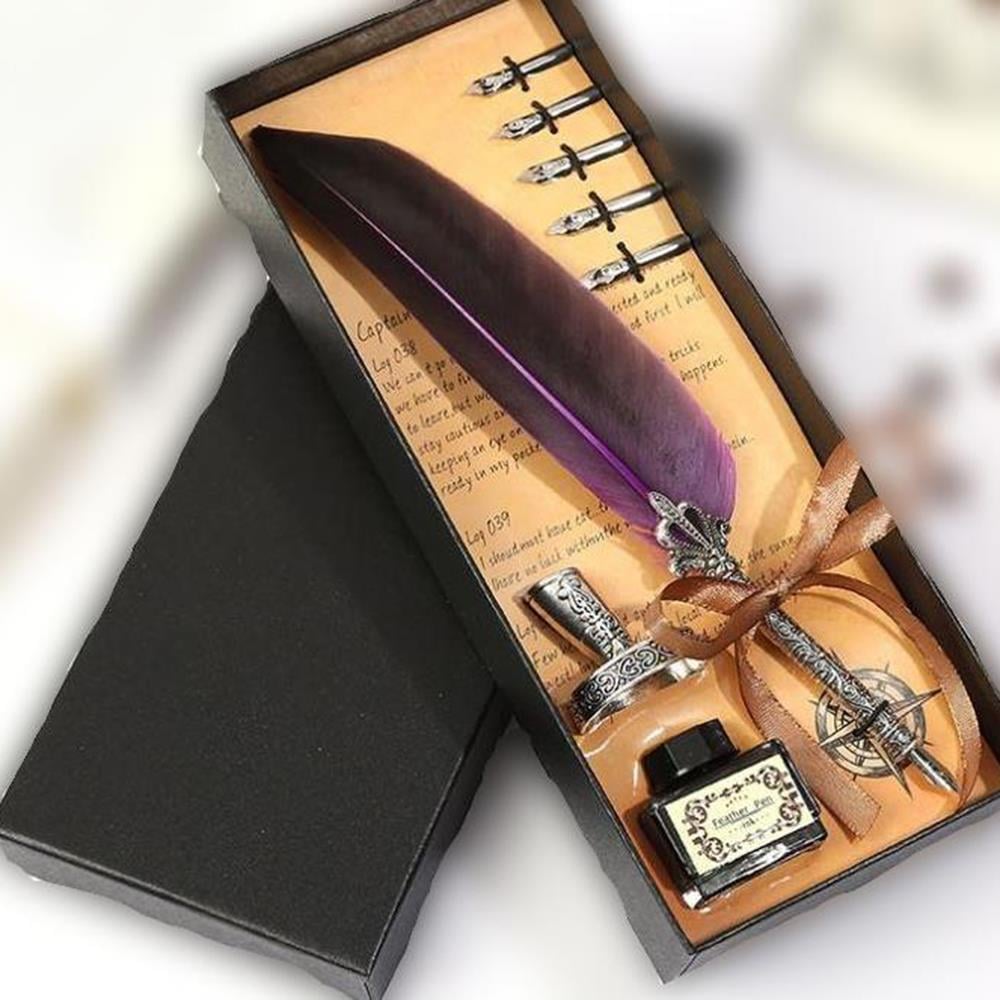 Tüy Divit Antik Kaligrafi Kalem Mürekkep Seti ve 5 Farklı Uç 27 cm