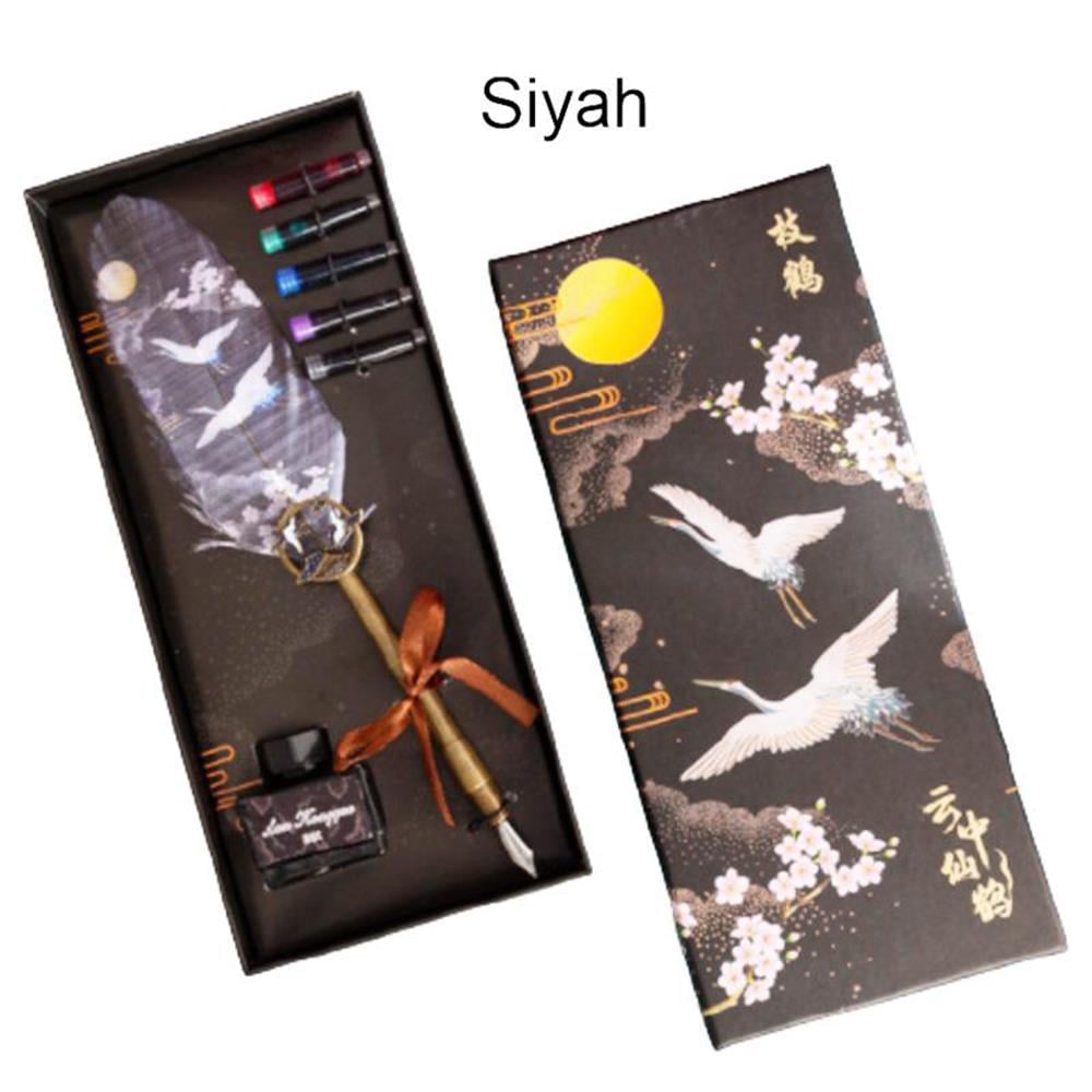 Tüy Divit Kalem Mürekkep 7 li Pirinç Set Cren Kuşu Desenli