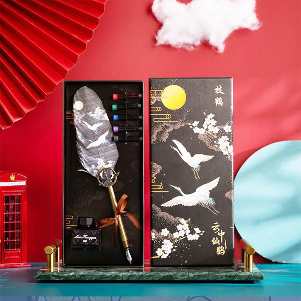 Tüy Divit Kalem Mürekkep 7 li Pirinç Set Cren Kuşu Desenli