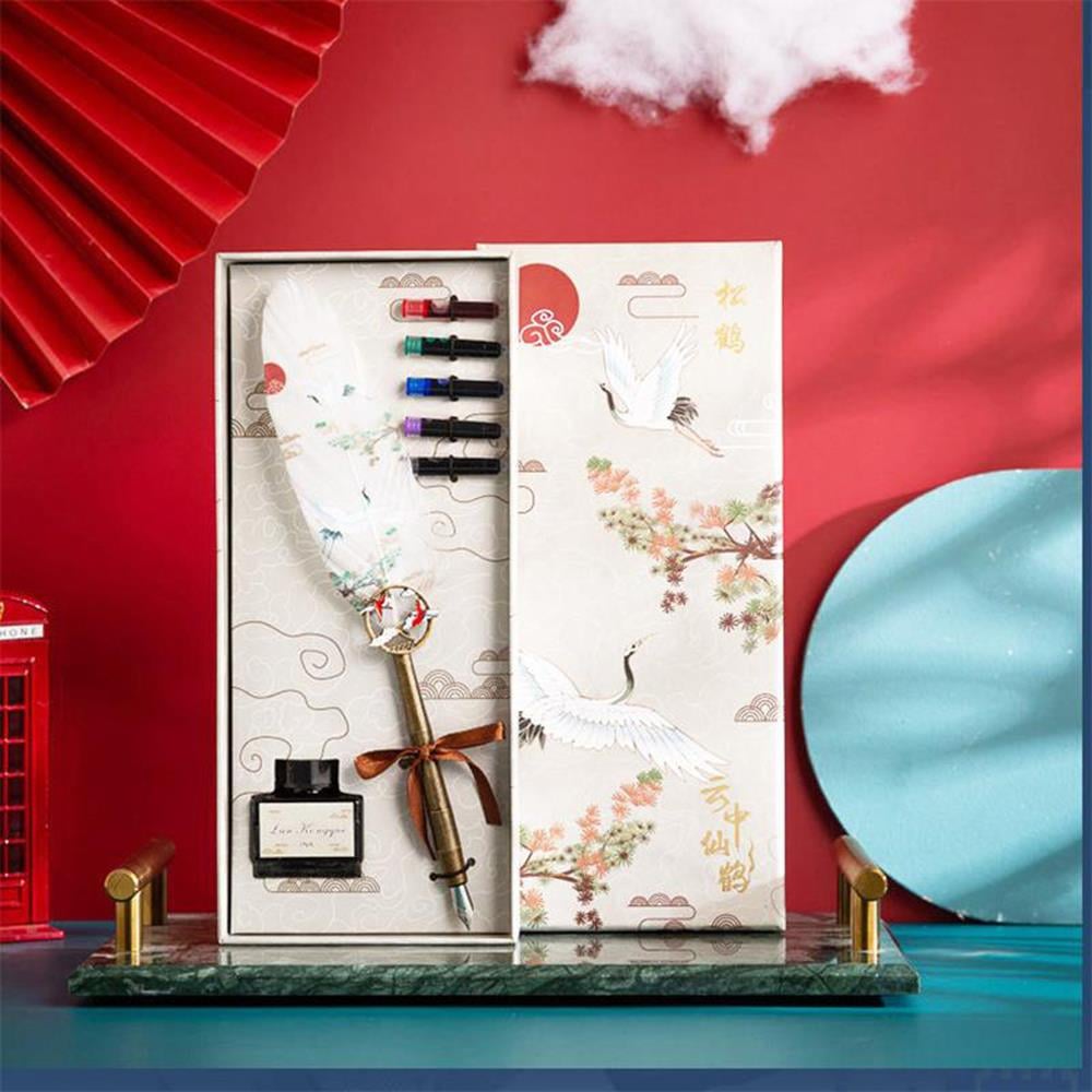 Tüy Divit Kalem Mürekkep 7 li Pirinç Set Cren Kuşu Desenli