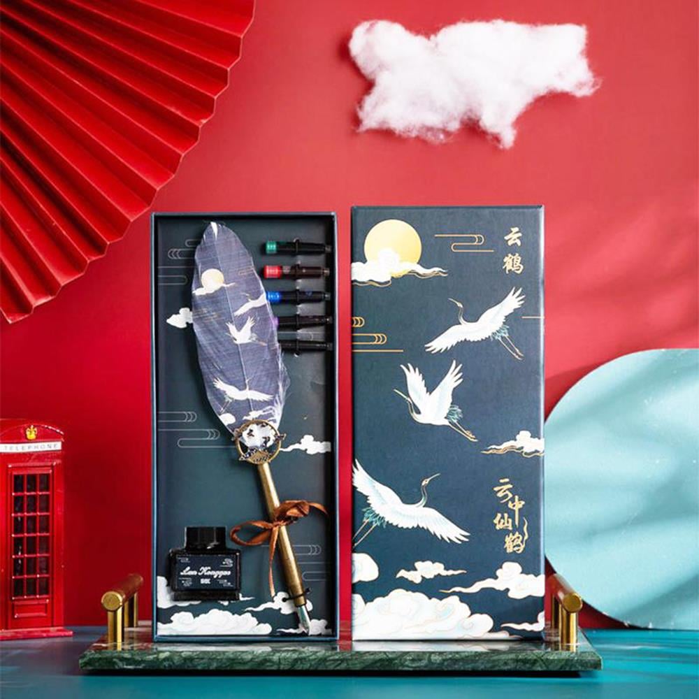 Tüy Divit Kalem Mürekkep 7 li Pirinç Set Cren Kuşu Desenli