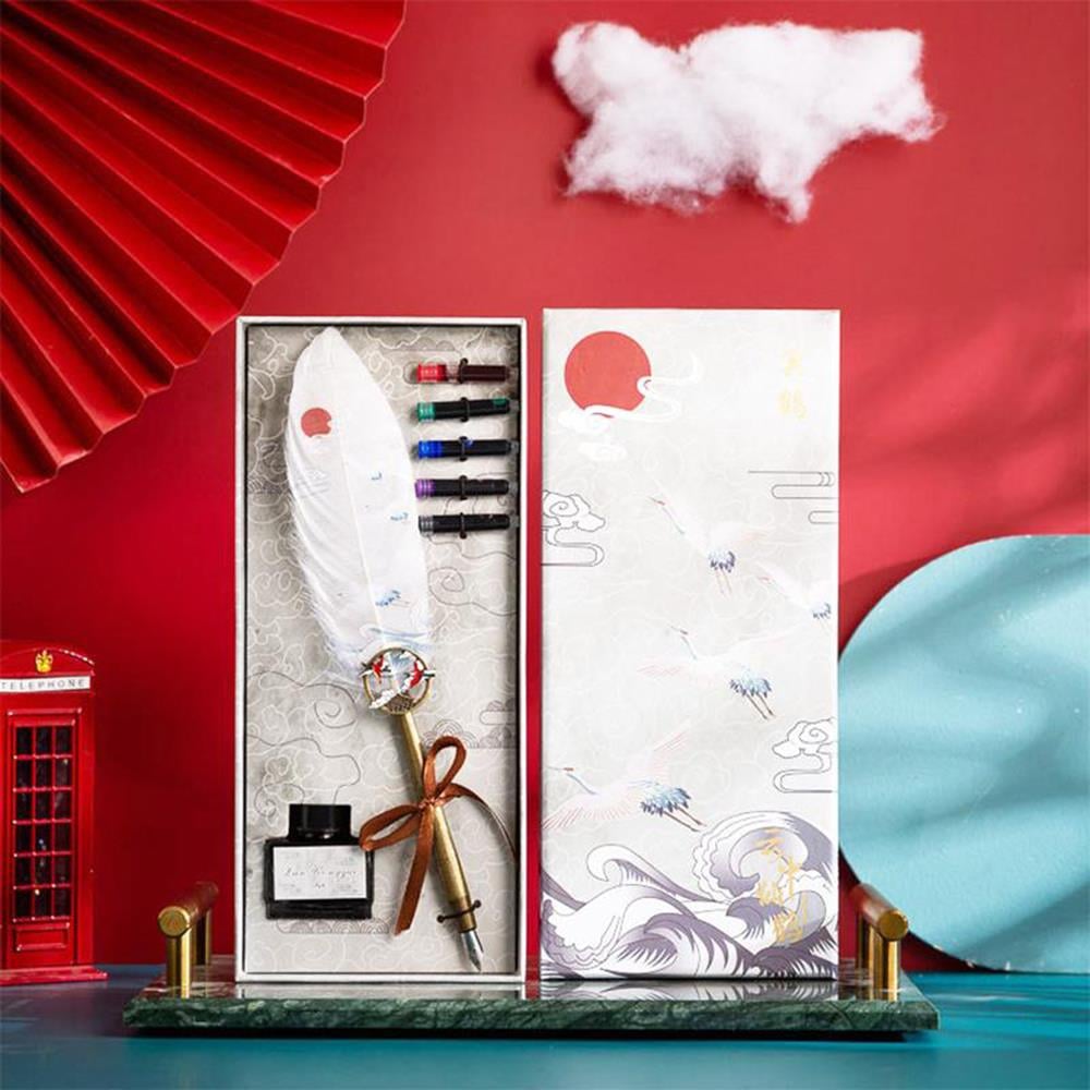 Tüy Divit Kalem Mürekkep 7 li Pirinç Set Cren Kuşu Desenli