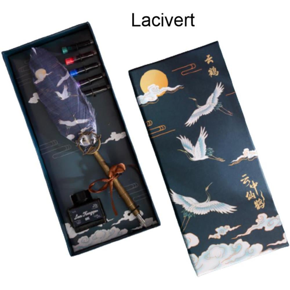 Tüy Divit Kalem Mürekkep 7 li Pirinç Set Cren Kuşu Desenli