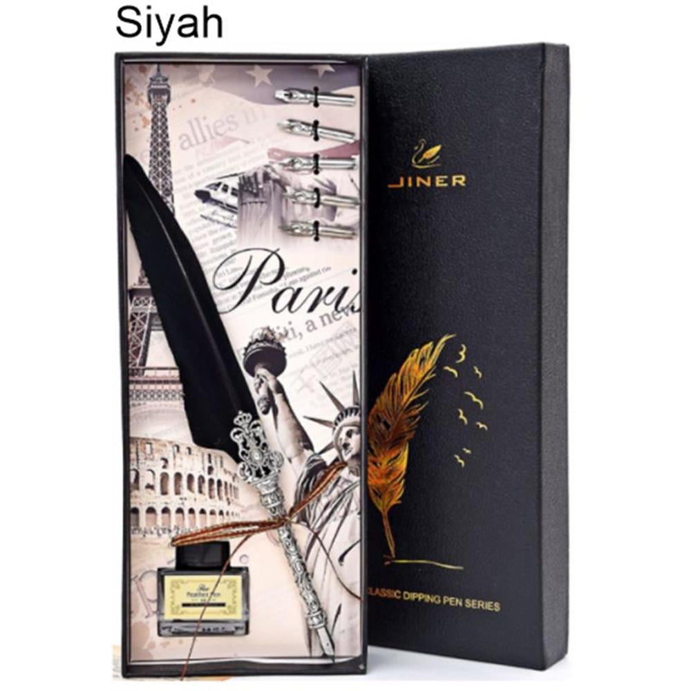 Tüy Divit Kalem Mürekkep Uç 7 li Pirinç Kaligrafi Set Kraliyet