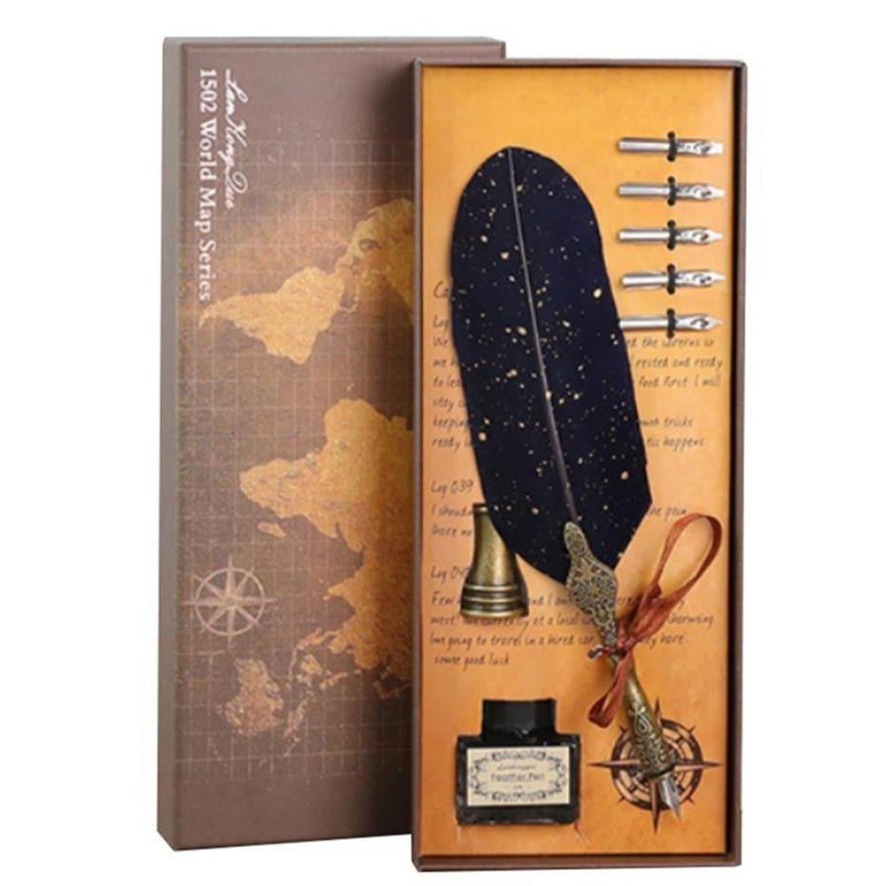 Tüy Divit Kalem Mürekkep Uç 8 li Pirinç Kaligrafi Set Altın Damla