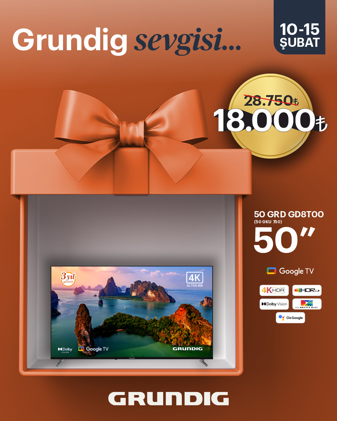 50 inch Grundig 4K UHD Google Led TV / 50GRD GD8T00 (50 GKU 750)