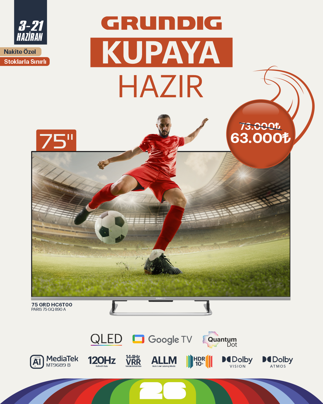 75 inch Grundig AI Google QLed TV 120Hz VRR (4K@144Hz) / 75GRD-HC6T00 (PARIS 75 GQ 890A)