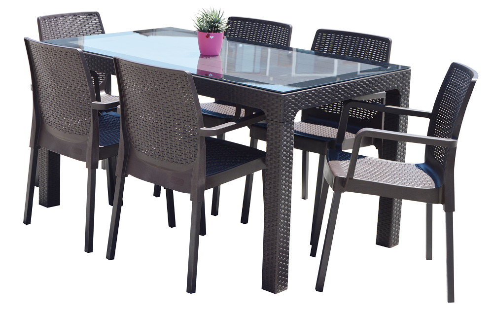 Arizona Camlı 90x150 Kahve Masa + Napoli Kollu 6'lı Kahve Set