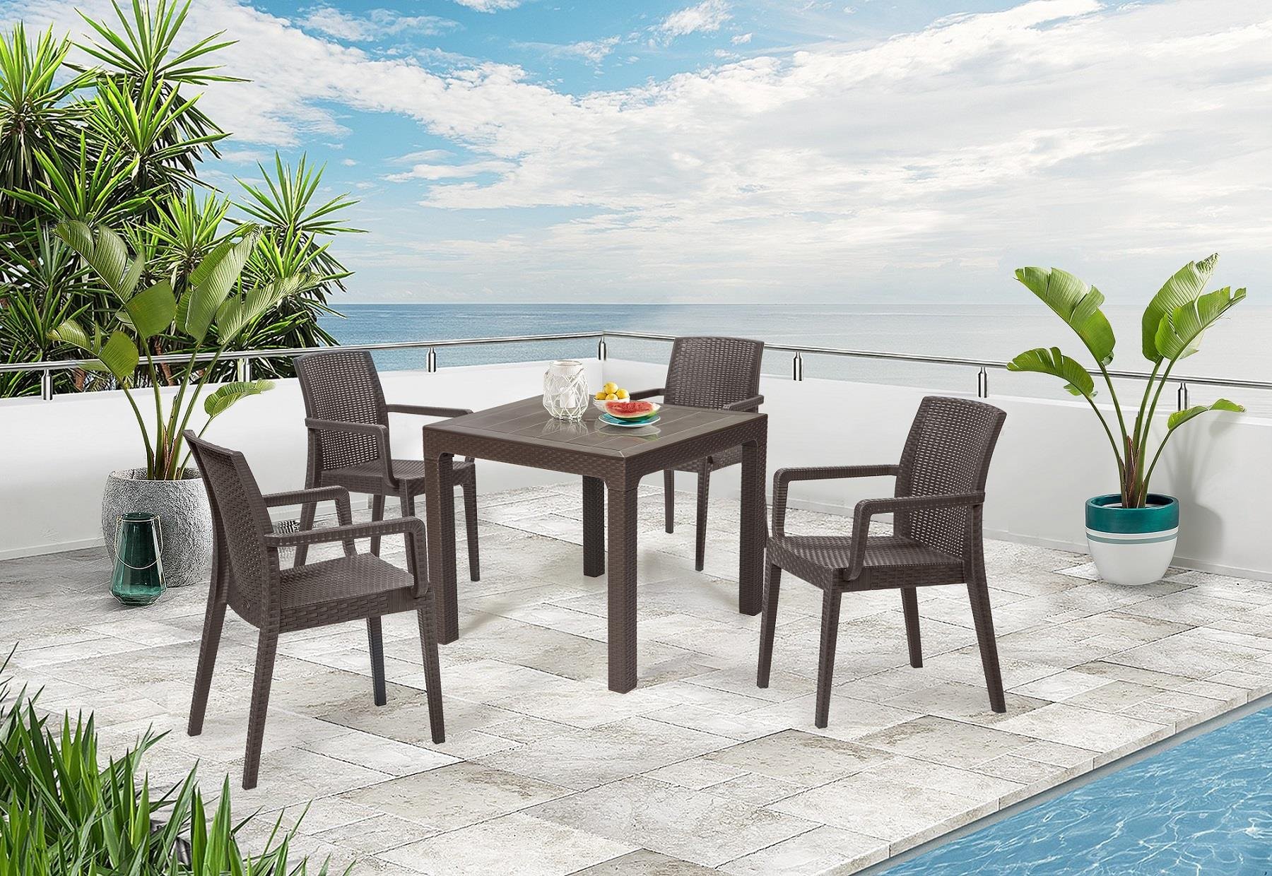 Arizona Camsız 80x80 Kahve Masa + Siena Starlux Kollu Kahve 4'lü Set