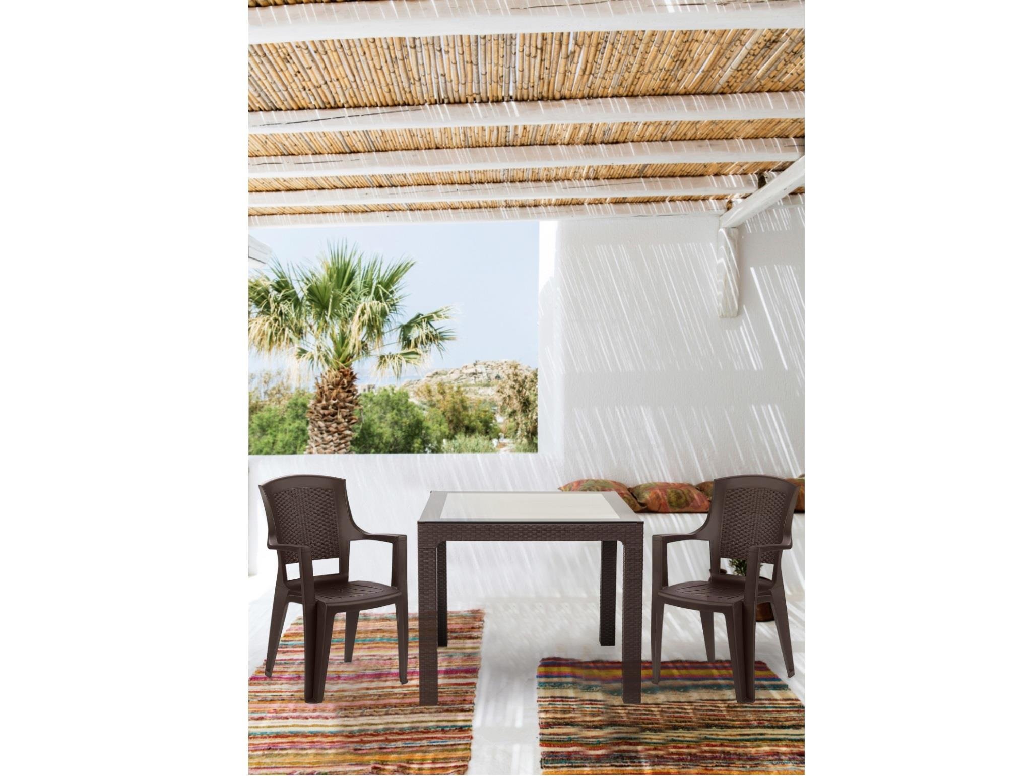 Flora Kollu Plastik Sandalye Rattan Sırt Örgü Desenli Kahve