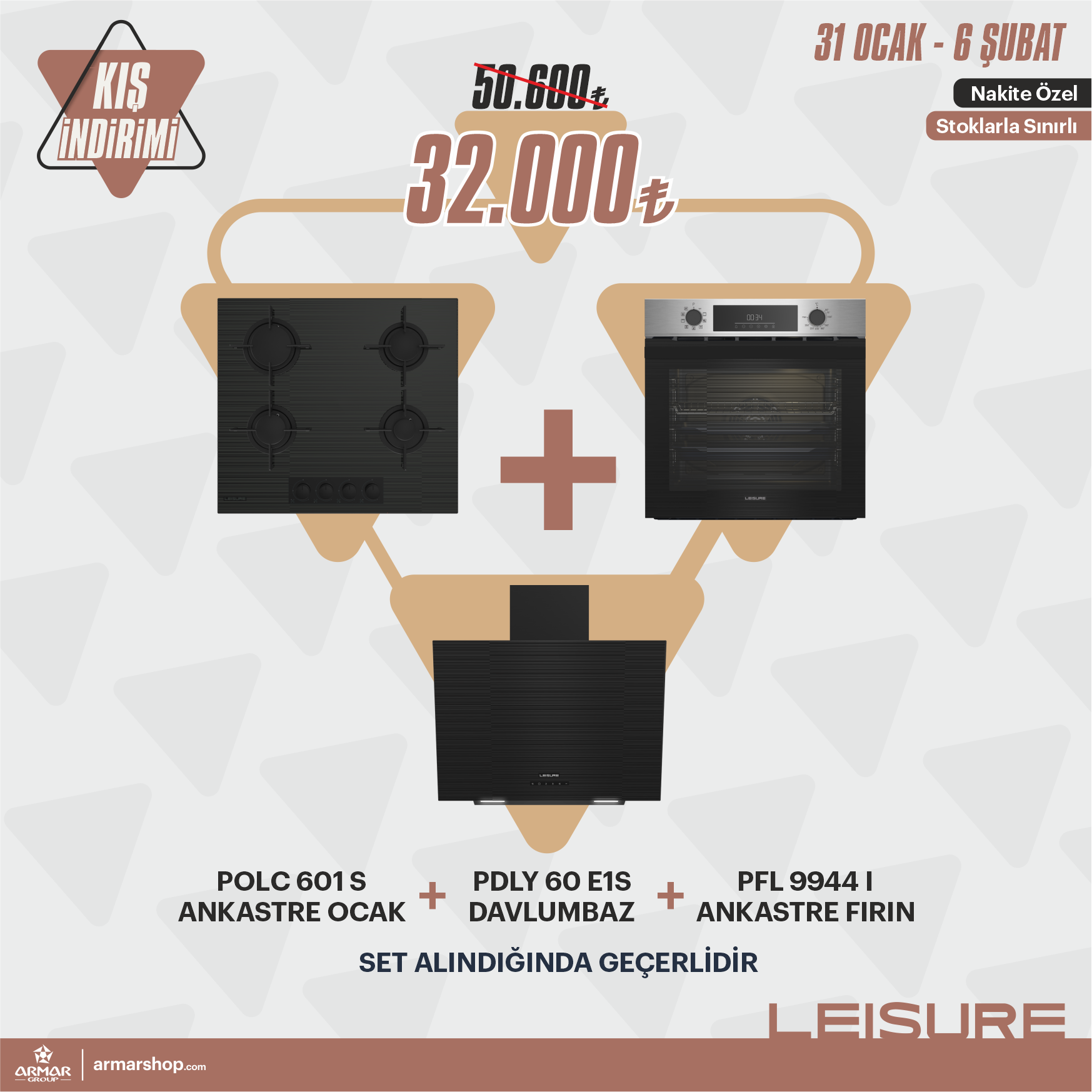 Leisure Ankastre 3'lü Set Ocak + Fırın + Davlumbaz