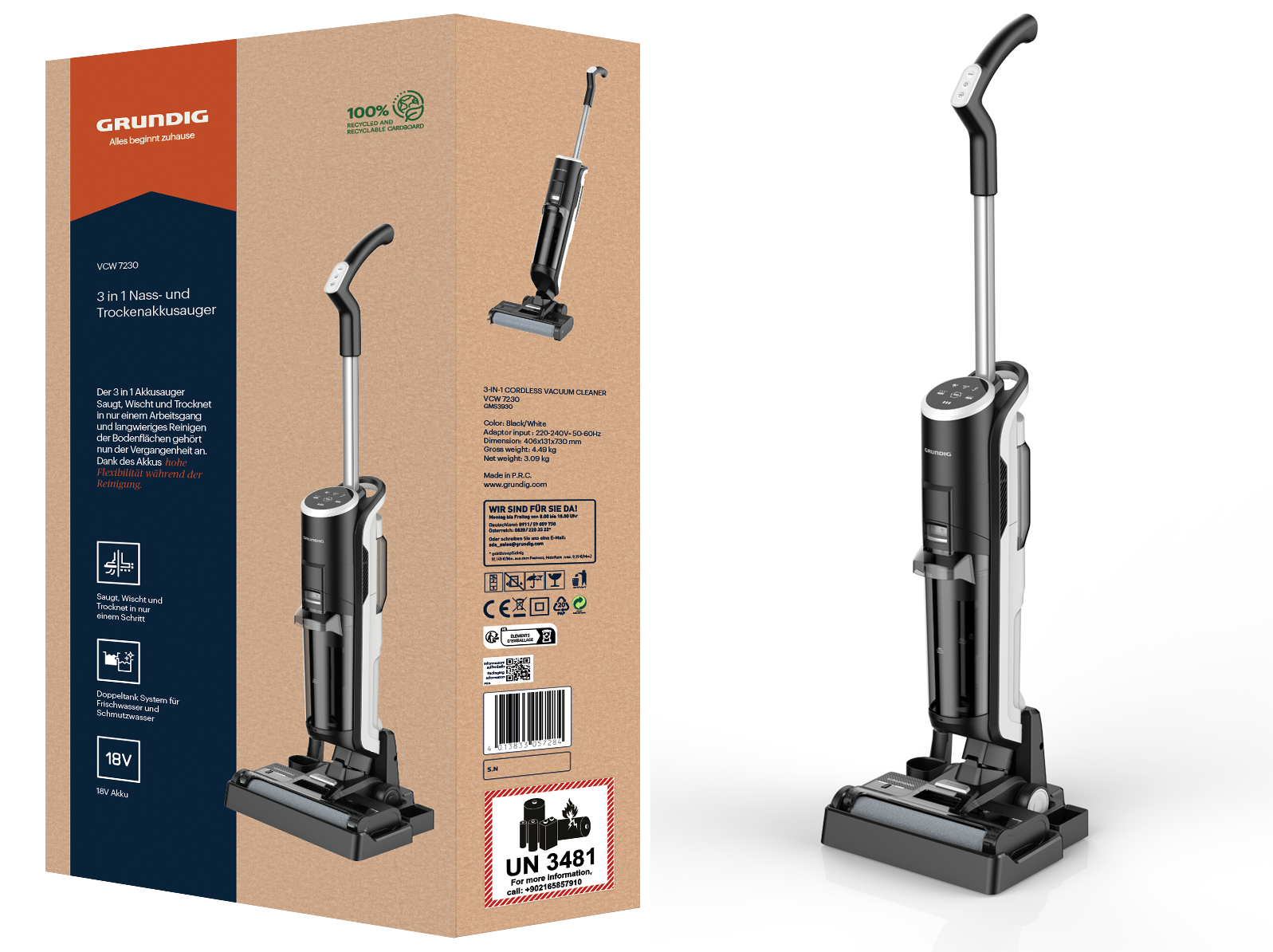 VCW 7230 Grundig AquaFlex™ Kablosuz Islak/Kuru Şarjlı Dik Süpürge