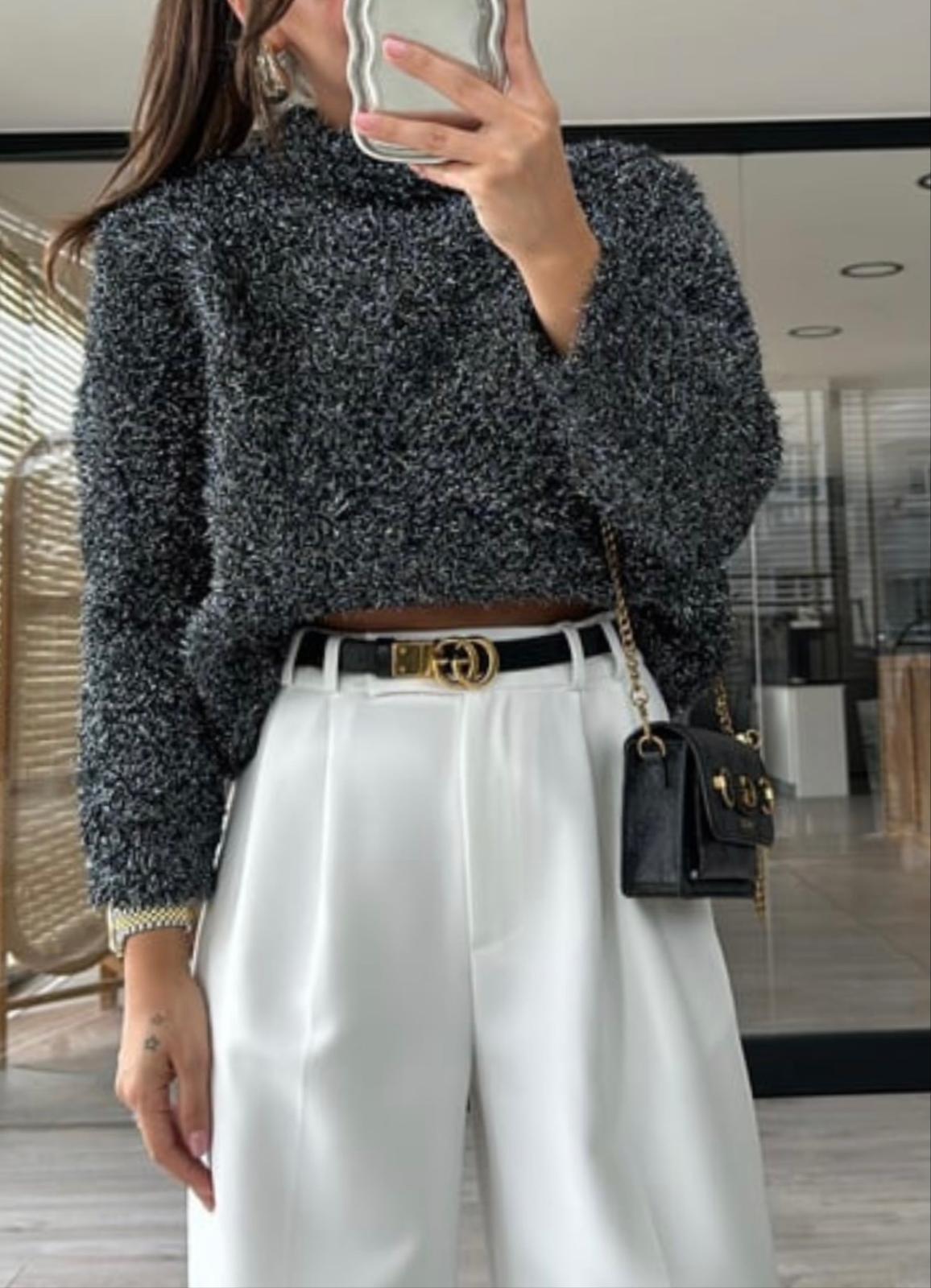  Antrasit Simli Dik Yaka Yumuşak Dokulu Kazak