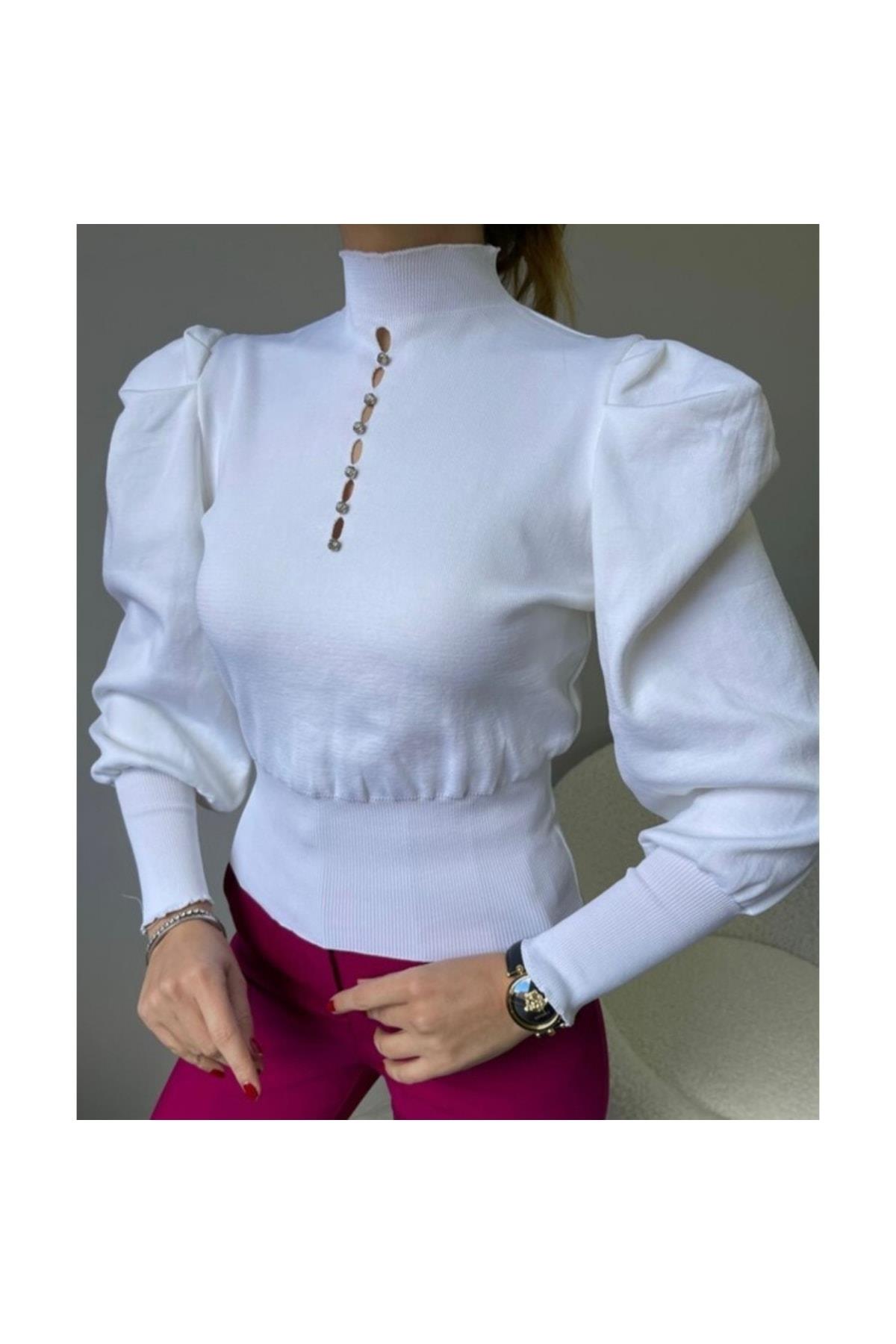Beyaz Prenses Kol Yaka Taş Detaylı Triko