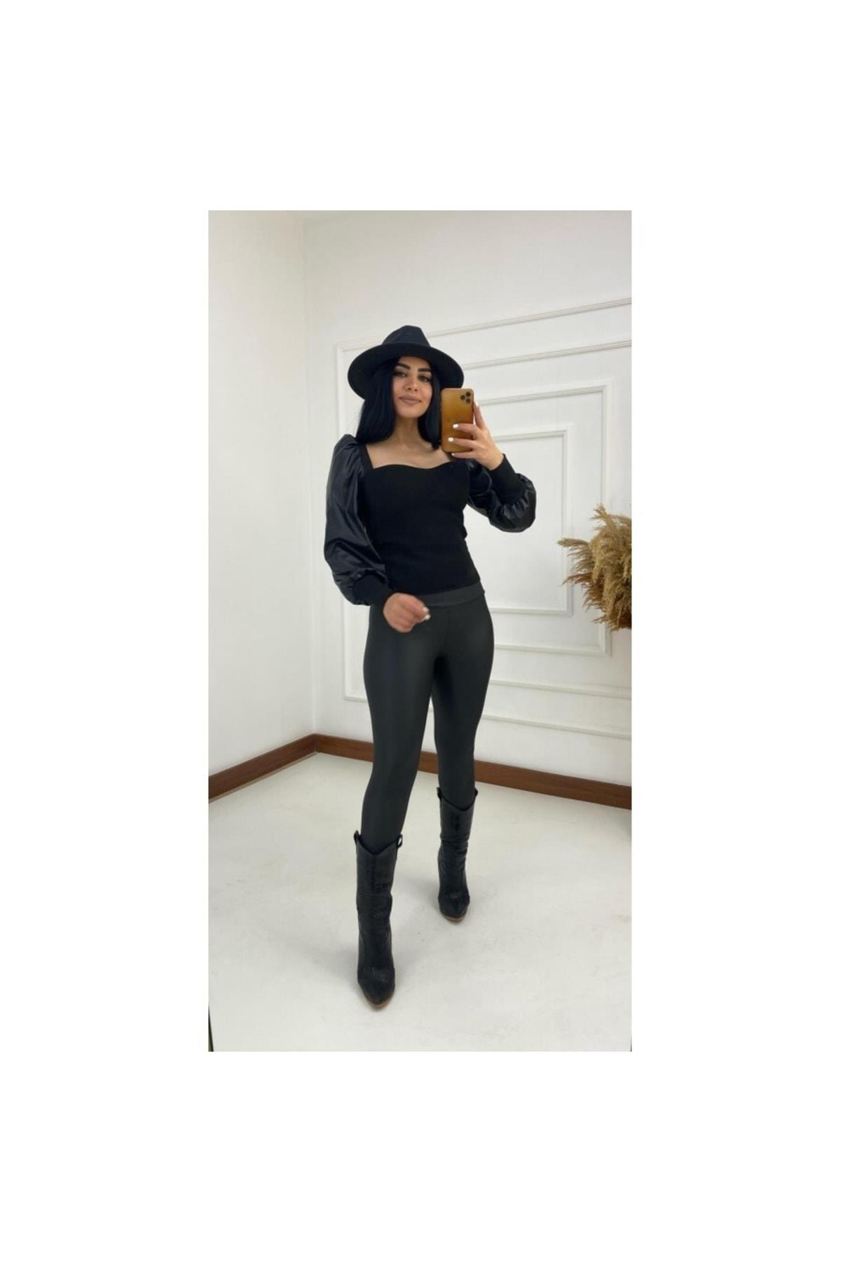 Deri Prenses Kol Triko Siyah Bluz