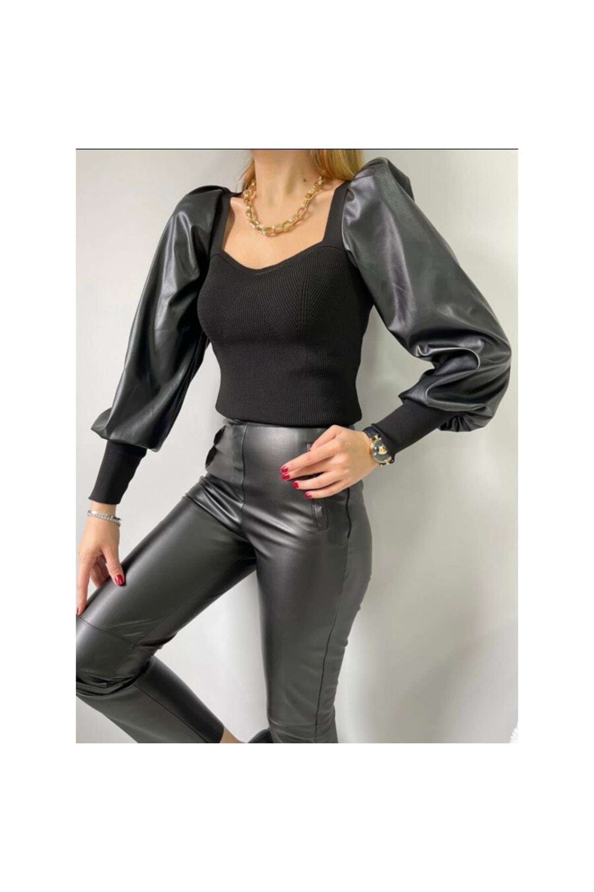 Deri Prenses Kol Triko Siyah Bluz