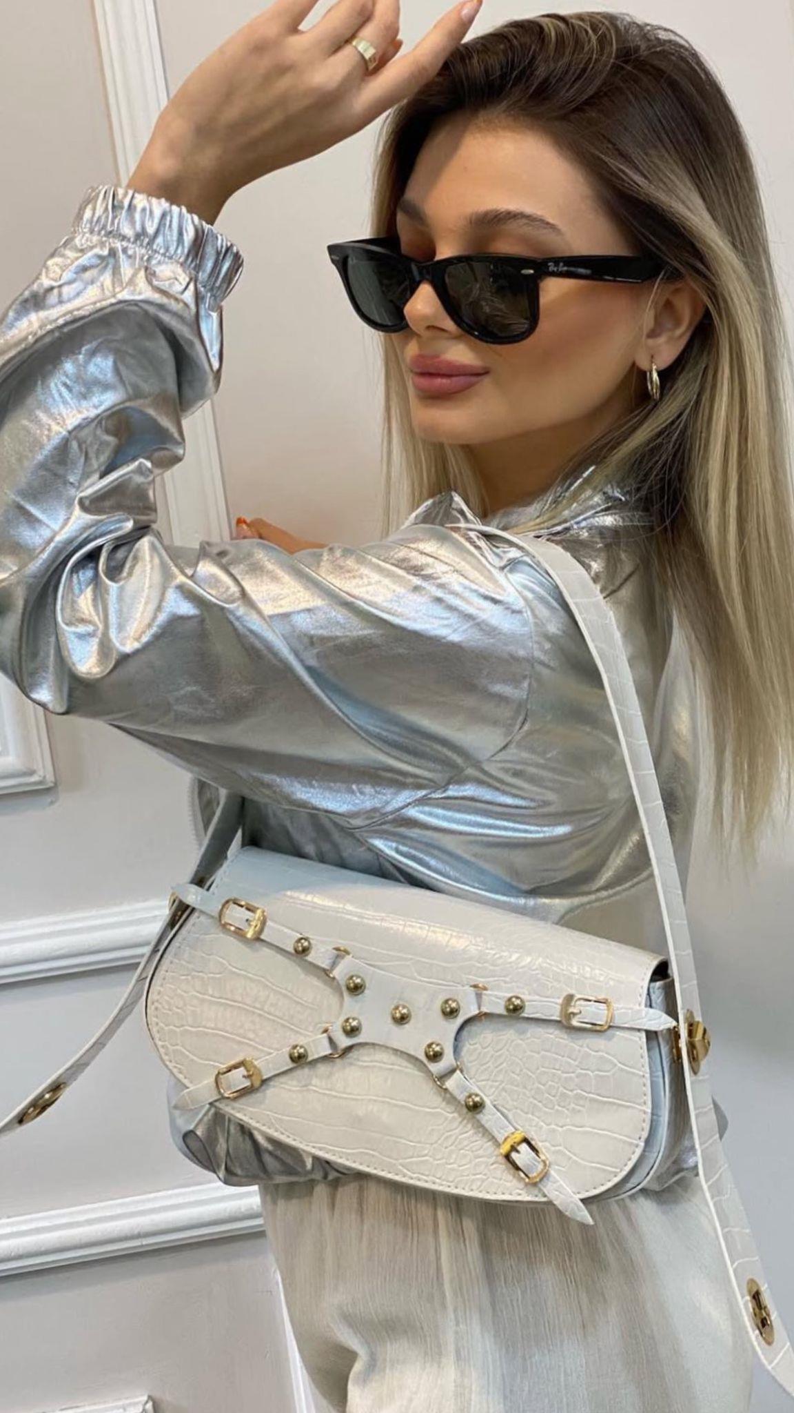 Fermuarlı Varaklı Gümüş Ceket