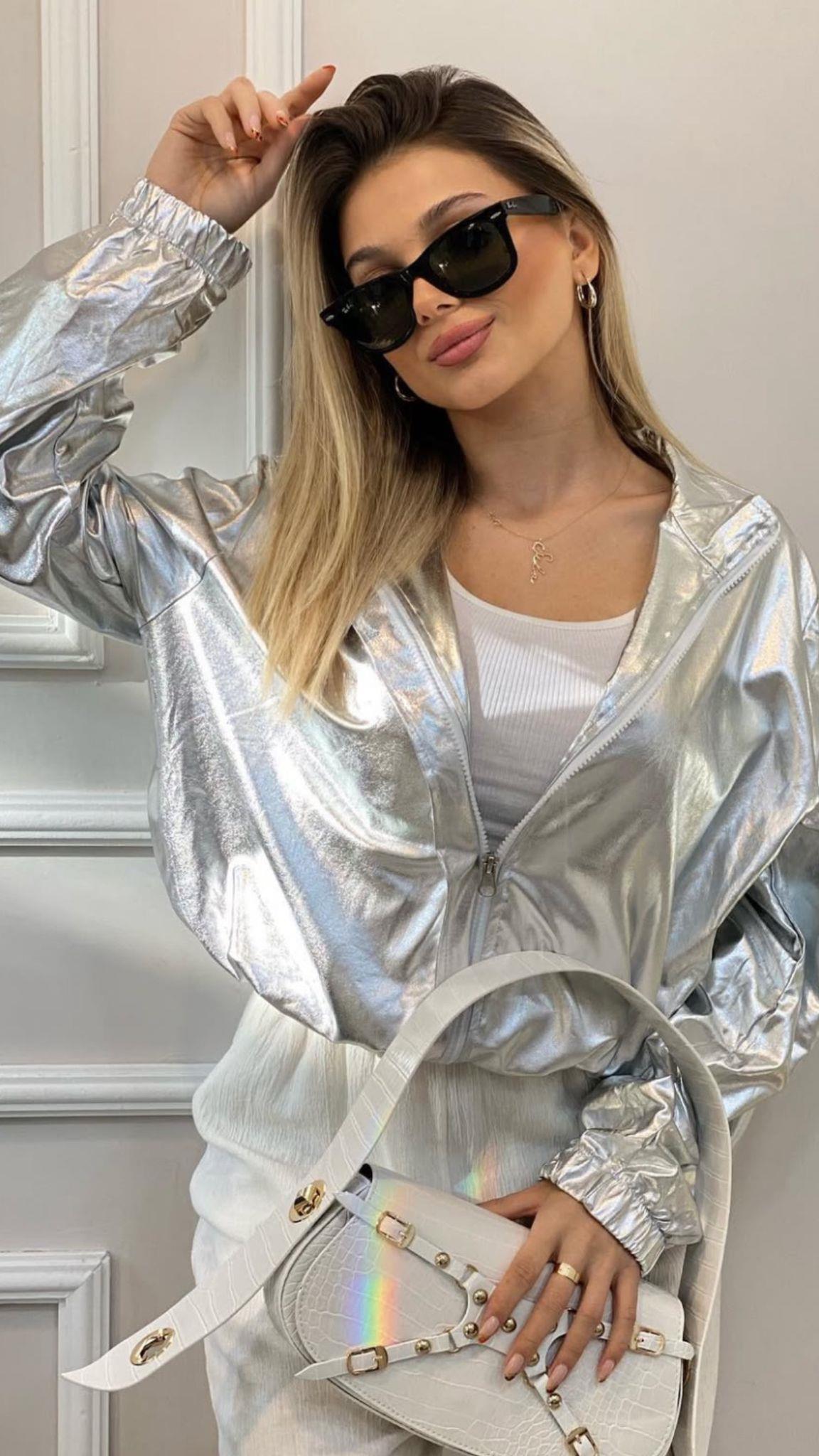Fermuarlı Varaklı Gümüş Ceket