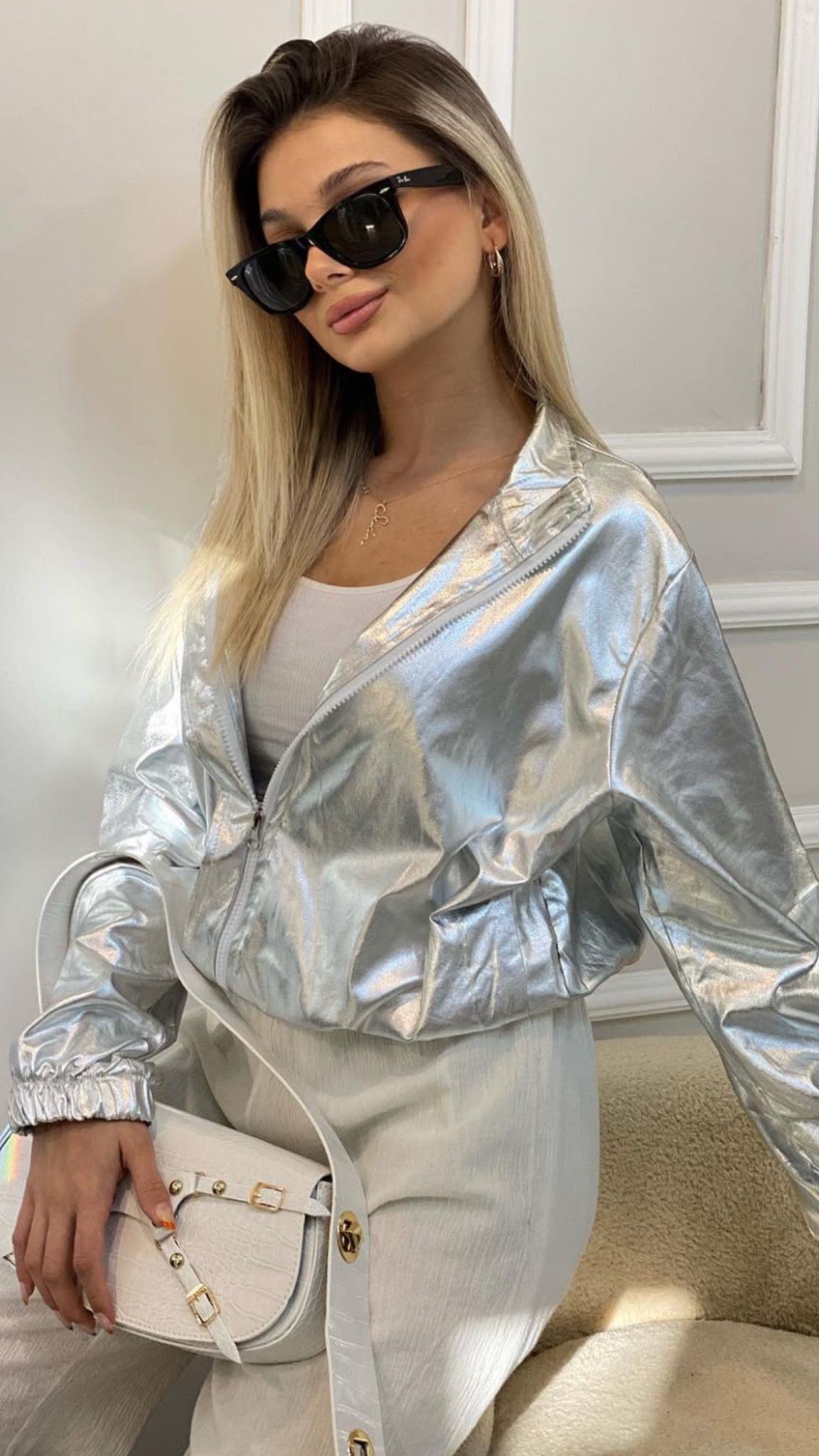 Fermuarlı Varaklı Gümüş Ceket