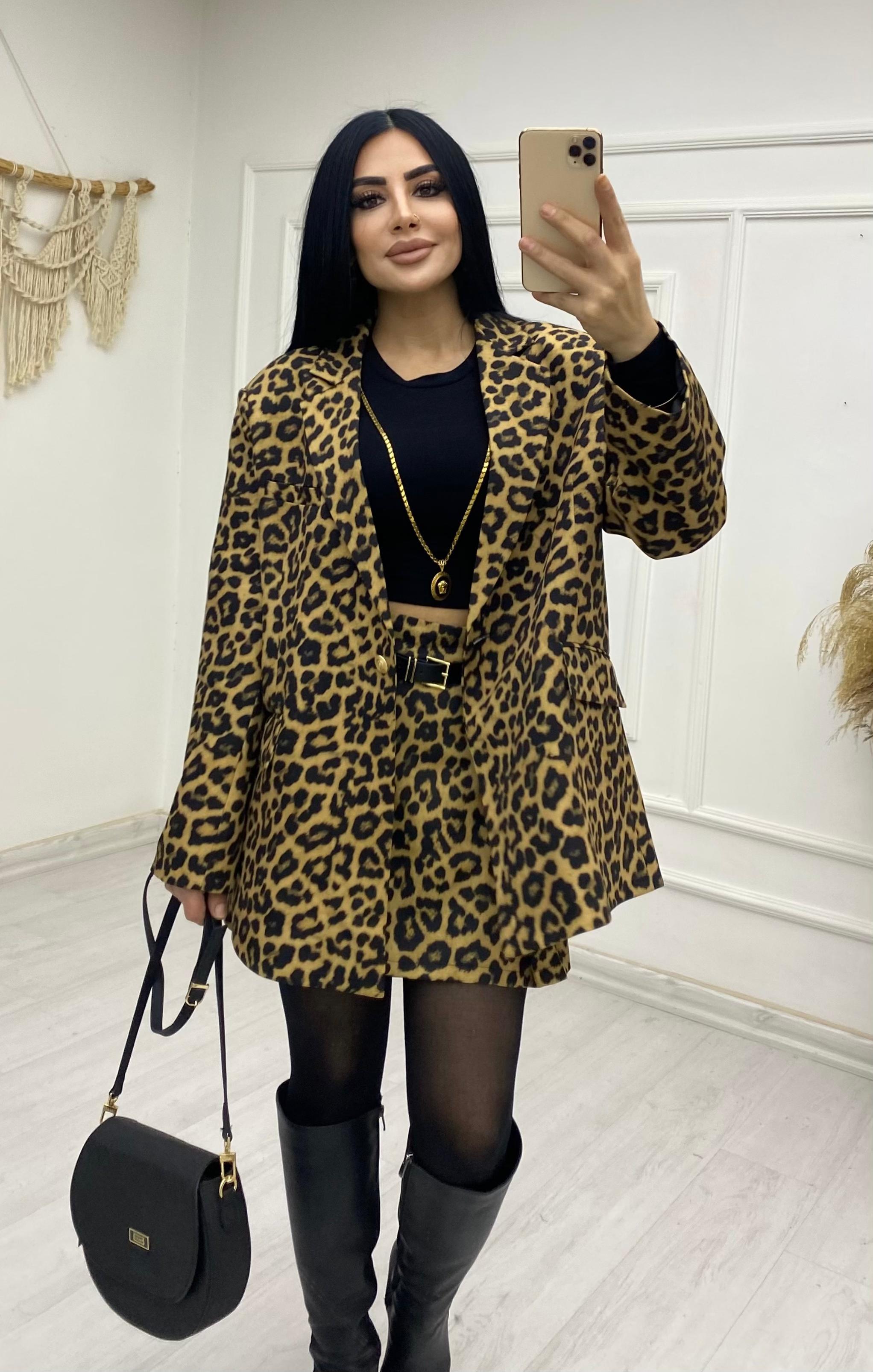 Gold Düğmeli Leopar Oversize Blazer Ceket