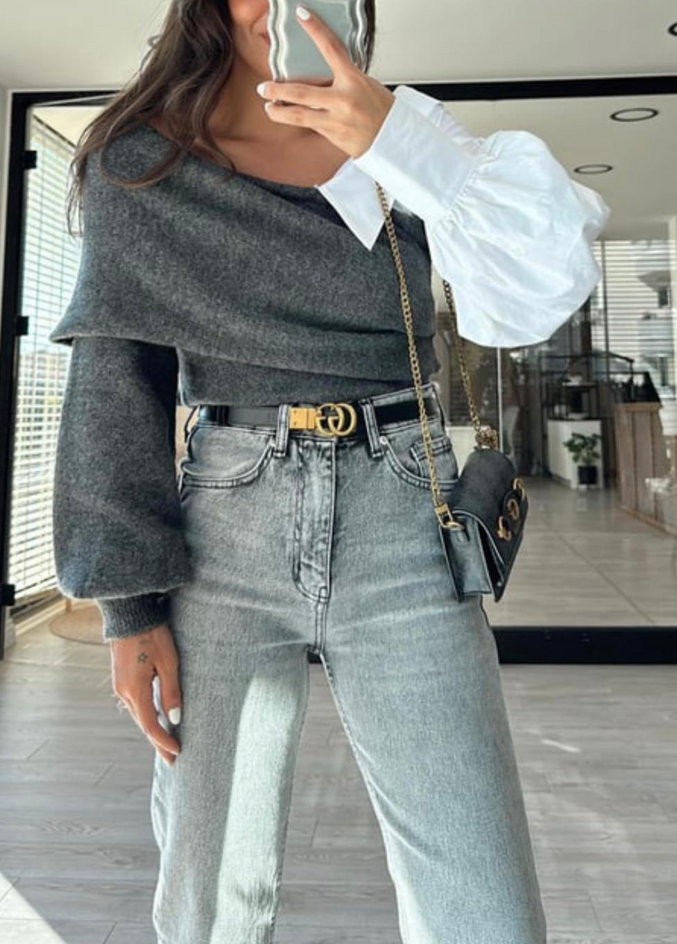 Gömlek Yaka Detaylı Antrasit Triko Kazak