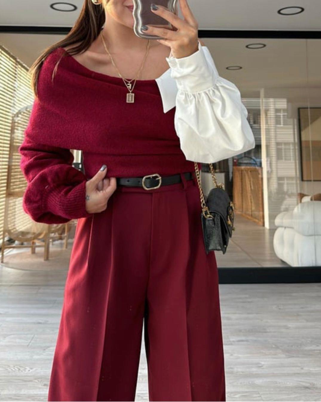 Gömlek Yaka Detaylı Bordo Triko Kazak