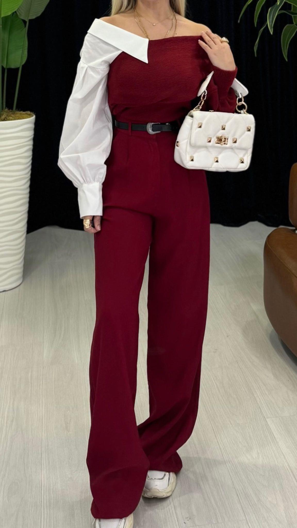 Gömlek Yaka Detaylı Bordo Triko Kazak